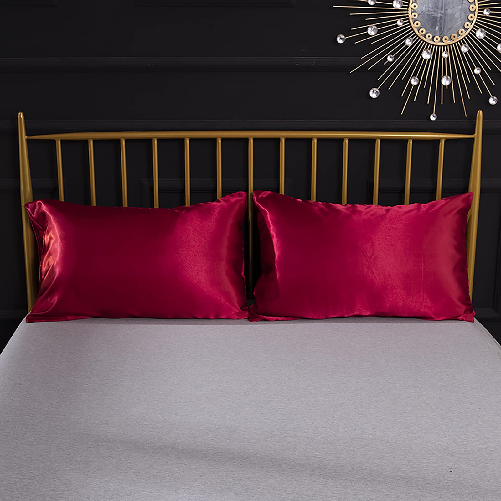 Jemiipee Juego de Sabanas de Cama Raso Color Sólido, 1 x Sábana Bajera Ajustable 180x200 cm con 35 Bolsillo Profundo, 1 x Encimera y 2 x Fundas de Almohada, Rojo Burdeos