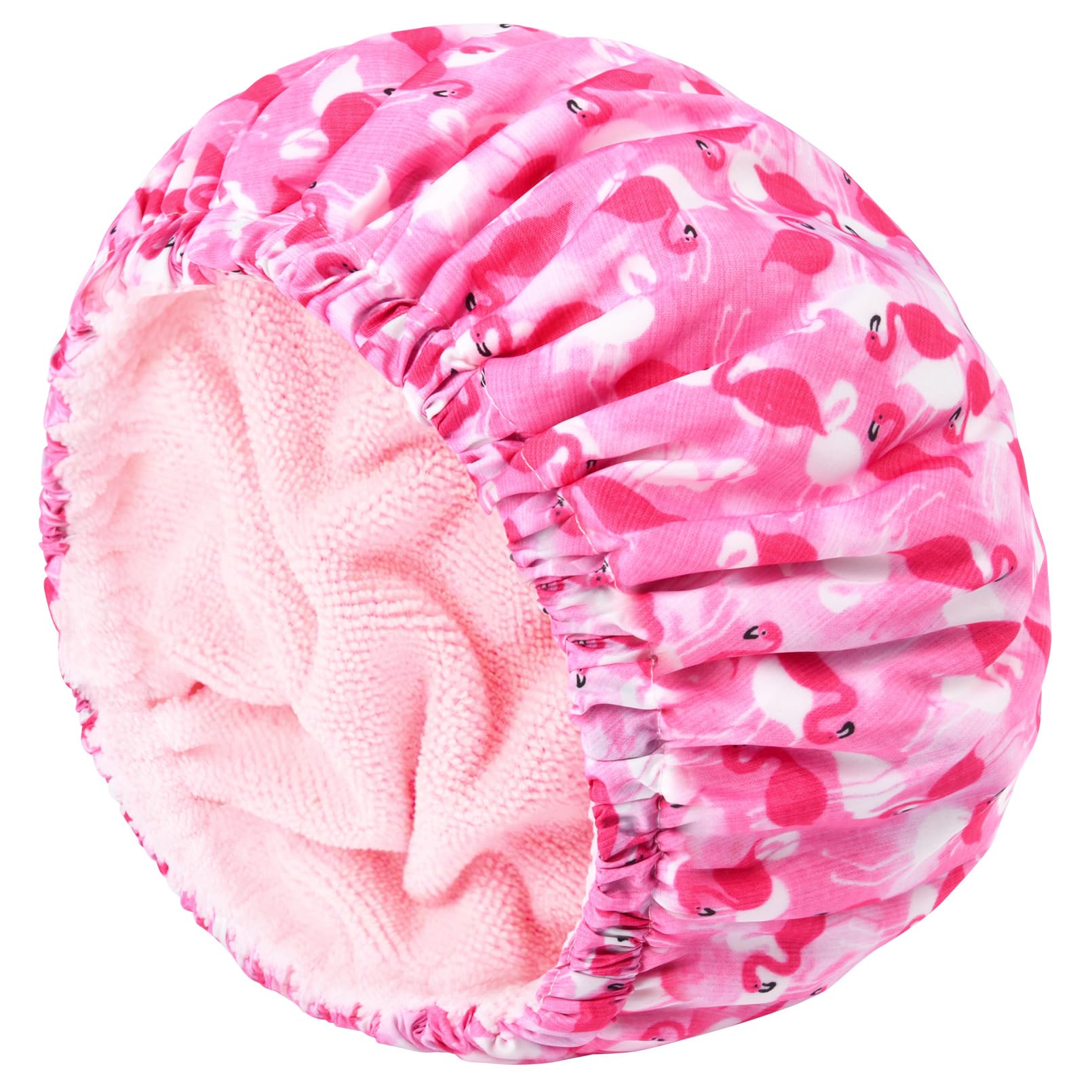 Shower Cap for Women Terry Lined Bath Cap Large Reusable Waterproof Elastic Band Pink Flamingo Shower Caps for Long Thick Hair Soft Bath Shower Hair