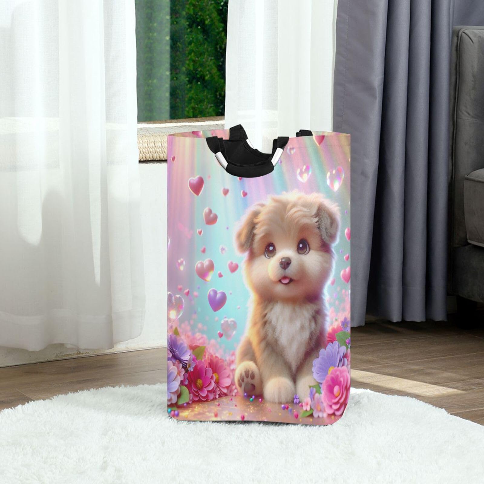 Jihqo Laundry Hamper Basket Cute Puppy in Rainbow Flowers Collapsible Nursery Storage Bin Waterproof Clothing Baskets for Home Bedroom Bathroom Washing Room