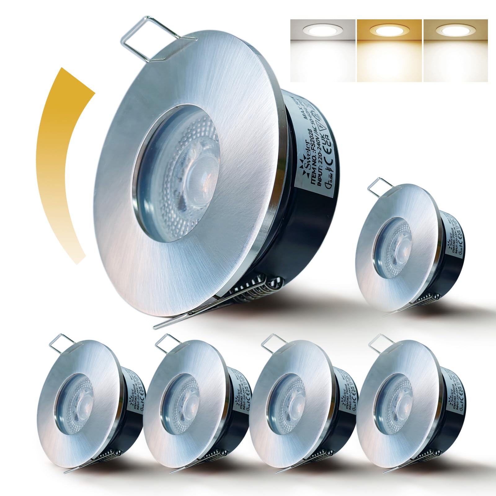 Sweier Recessed Dimmable Ceiling Lights 6W 680lm, IP65 Bathroom Downlights Black Waterproof Spotlight, Warm 3000K Neutral 4000K Cool 6000K Memory Function Spotlights, Cutout Φ68-75MM, 6 Pack
