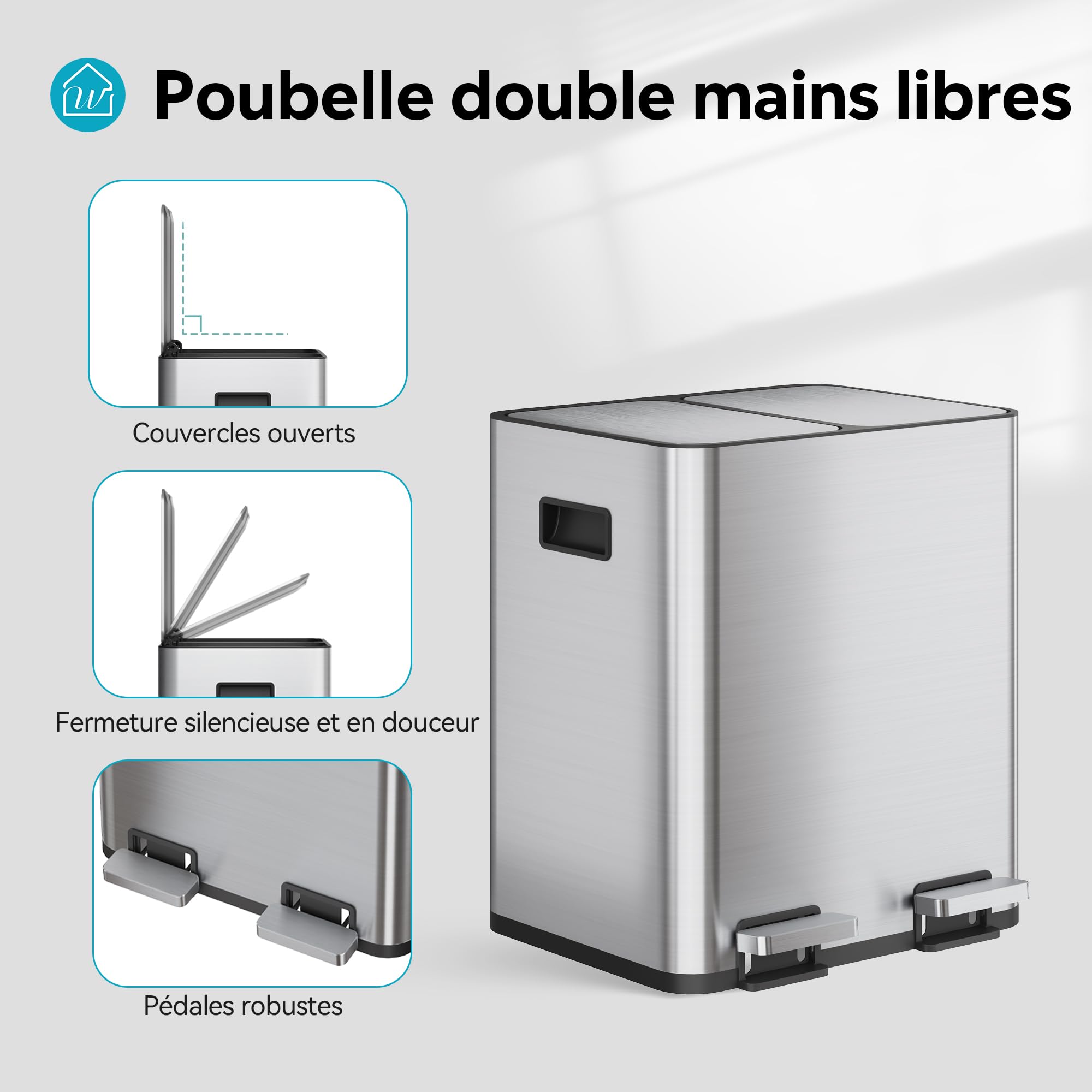 WLIVE Poubelle de Cuisine 30L avec 2 compartiments, Bac de Tri Sélectif, Acier Inoxydable, Pédale Mains Libres, Anti-Odeurs, Design Compact, Gris