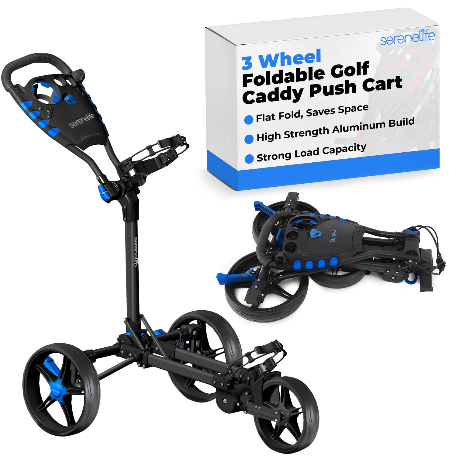 SereneLife Foldable Golf Cart with 3 Wheels – Deluxe Scorecard & Umbrella Holder, Bracket Straps, Smooth Rolling Wheels, Flat Fold Design, Black