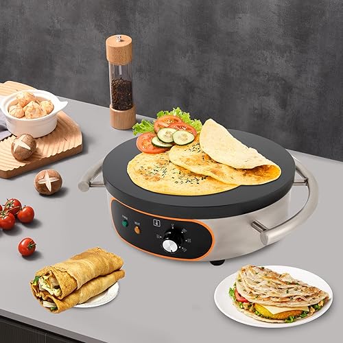 Miniatura 2 de Crepe Maker Sartén eléctrica Negro Marrón Acero Inoxidable Grado Alimentario Antiadherente Plancha Solo Hotplate Temperatura Infinitamente Ajustable