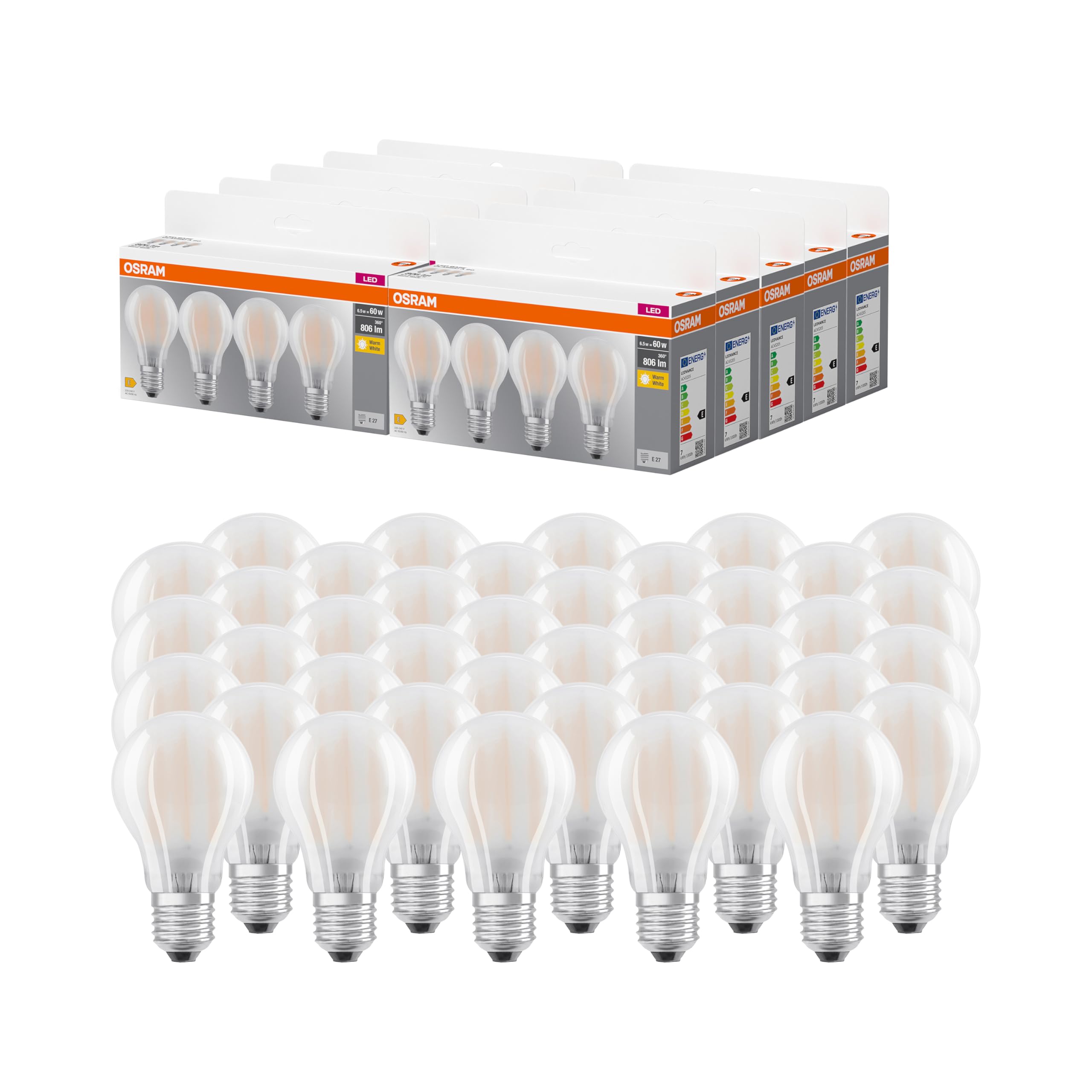 OSRAM LED BASE A60, confezione vantaggiosa con 40 lampadine, sostituisce le tradizionali lampadine da 60W, 6.5W, bianco caldo (2700K), vetro opaco, non dimmerabile, forma a bulbo, E27