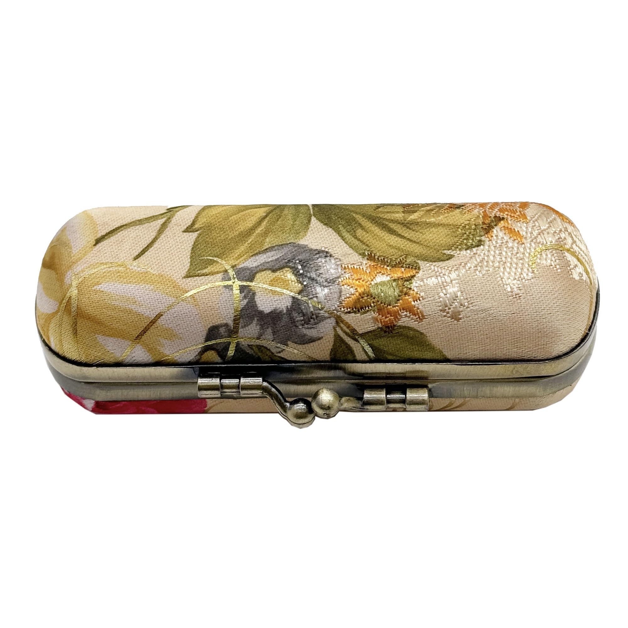 MIAO JIN Lipstick Case with Mirror Lipstick Holder Storage Bag Kiss Lock of Iron Mini Portable Vintage Floral Pattern Jewelry Cosmetic Case (Yellow)