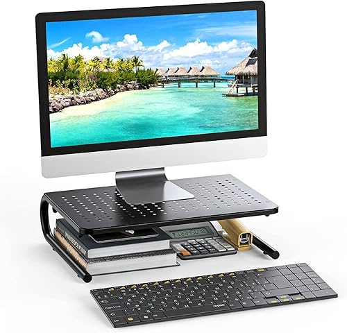 Miniatura 8 de HUANUO Soporte elevador de monitor para escritorio, soporte para laptop, estante para laptop con metal ventilado, soporte para computadora de