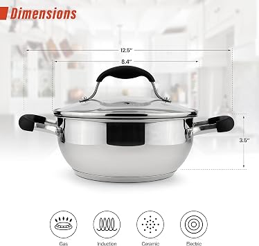AVACRAFT 18/10 Stainless Steel Everyday Pan, Stir Fry Pan with Five-Ply Base, Chefs Pan with Glass Lid, Multipurpose Stewpot Skillet, Saute Pan, Casserole in Pots and Pans (8 inch)
