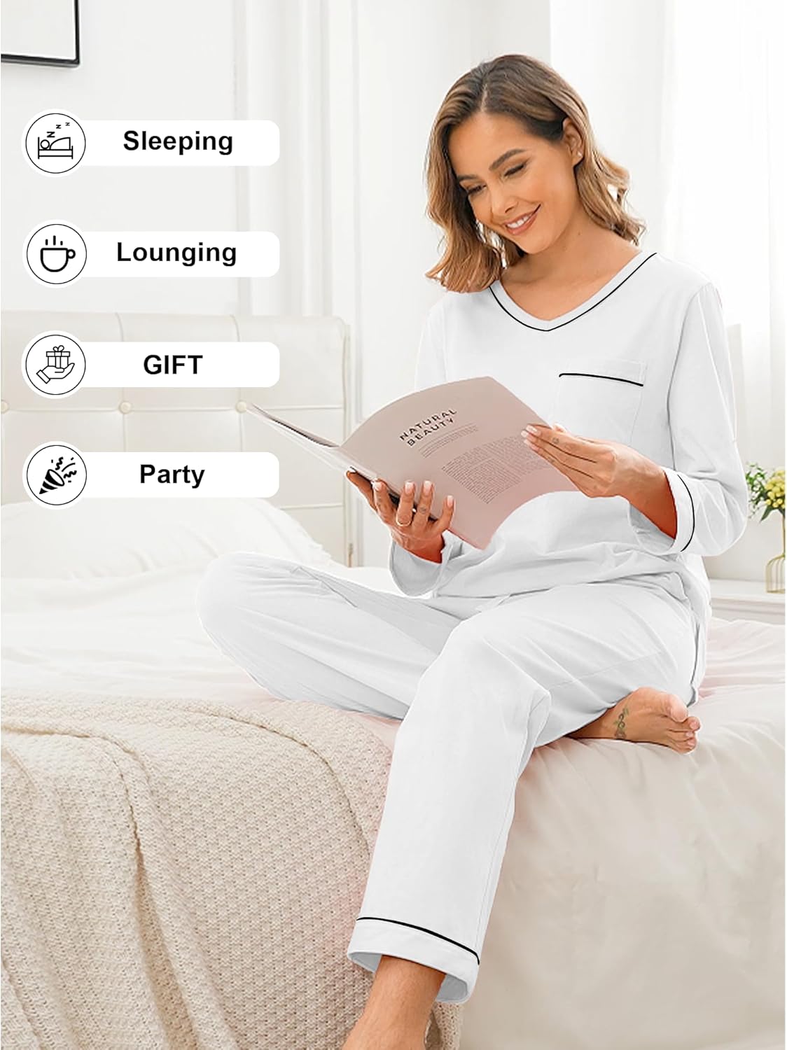 EA'S SECRET 100% cotton Pajamas for Women Long Sleeve Top with Pants 2 Piece Soft Lounge Sleepwear with pocket - Image 2
