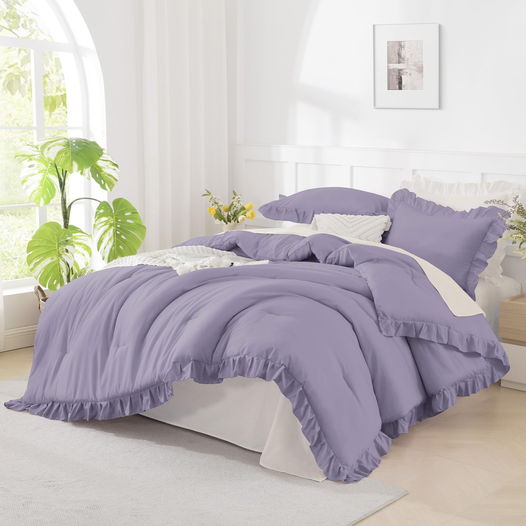 Andency Purple Twin Size Comforter(66x90Inch), 2 Pieces Ruffle Solid Farmhouse Shabby Chic Comforter Set, Lighteweight and Soft Microfiber Bedding Set