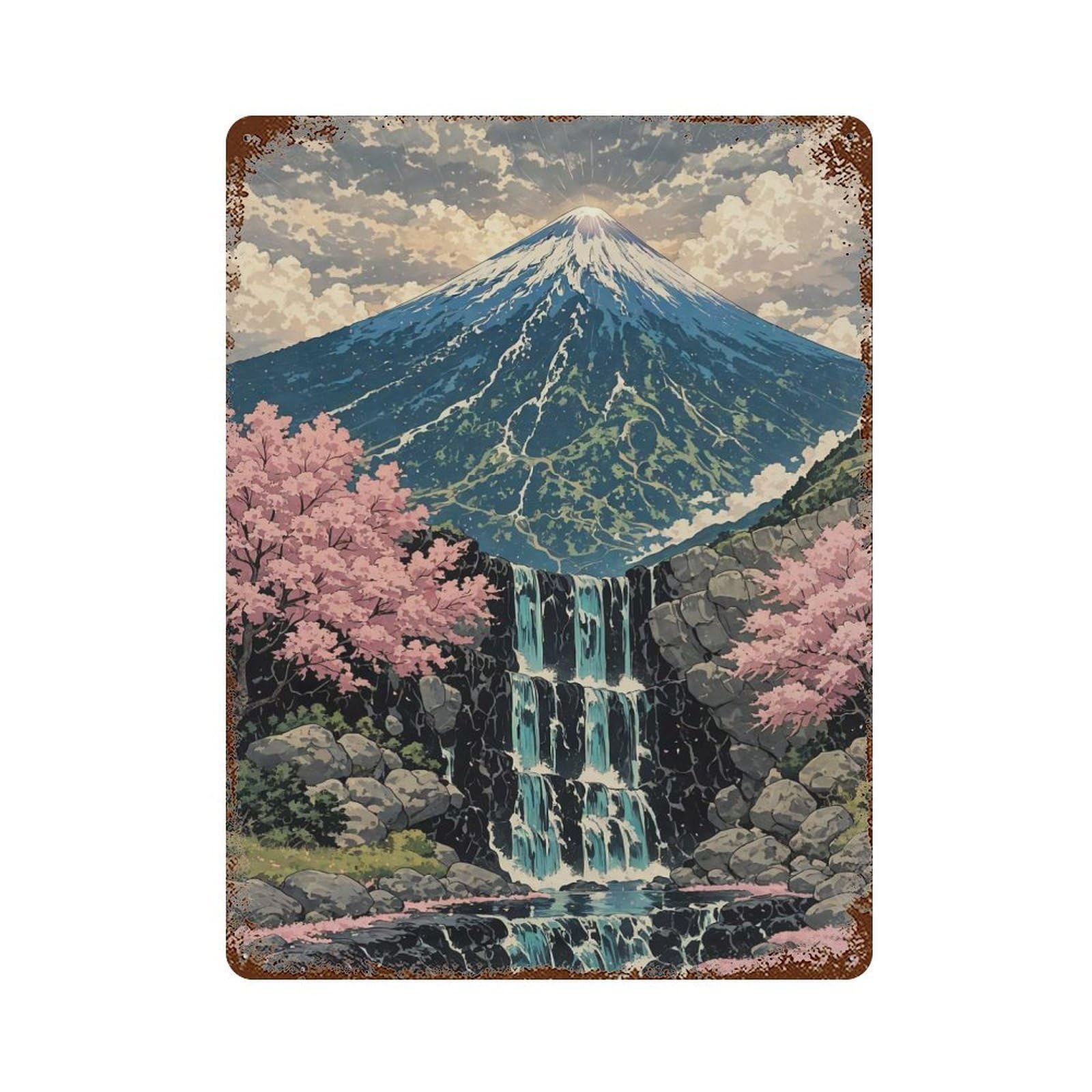 Garage Style Mount Fuji And Cherry Blossoms Sakura Japan Landscape Rusty Metal Tin Sign 15.7"x11.8", Shabby Chic Decor for Bar And Workshop