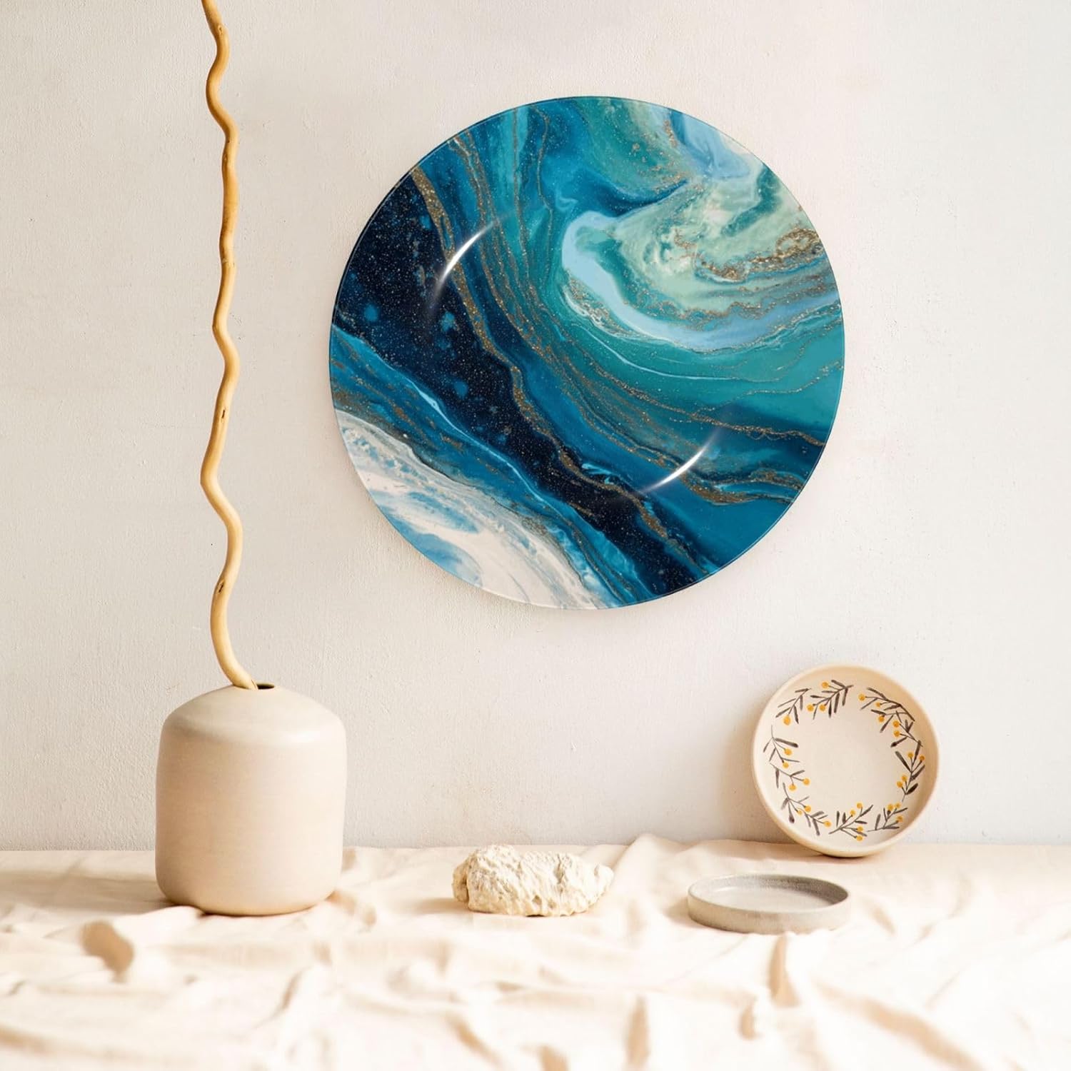 Bone China Decorative Plate with Display Turquoise Blue Ceramic Plates Crafts Art Decor Dessert Plate Ceramic Ornament Porcelain Plates for Living Room Kitchen Table Home Decor