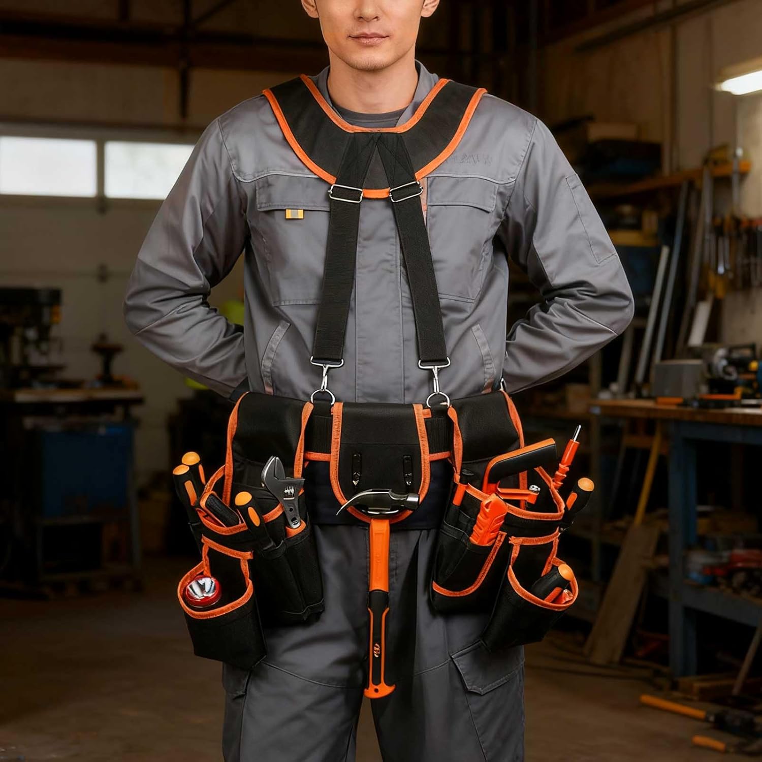 OTYMIOW Tool Belt Suspenders, Professional Tool Belts for Men, Heavy Duty Tool Pouch With Suspenders Detachable & Adjustable Carpenter Tool Belt for Electricians, Carpenters, Framers(33.4''-66.9'')