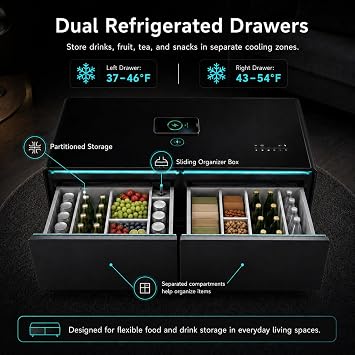 51In Modern Smart Coffee Table with Built-in Fridge, Bluetooth Speaker, Wireless Charging Module, Touch Control Panel, Power Socket, USB Interface, Outlet Protection, Atmosphere Light, Black