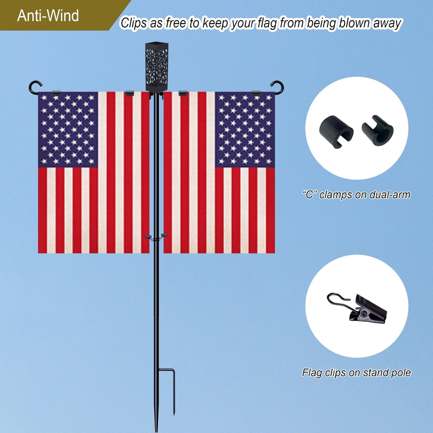 Garden Flag Stand Holder Pole with Flower Vase, Dual Arm Yard Flagpole for Cemetery Grave Decoration or Memorial Day, 39 inch,Black - Image 4