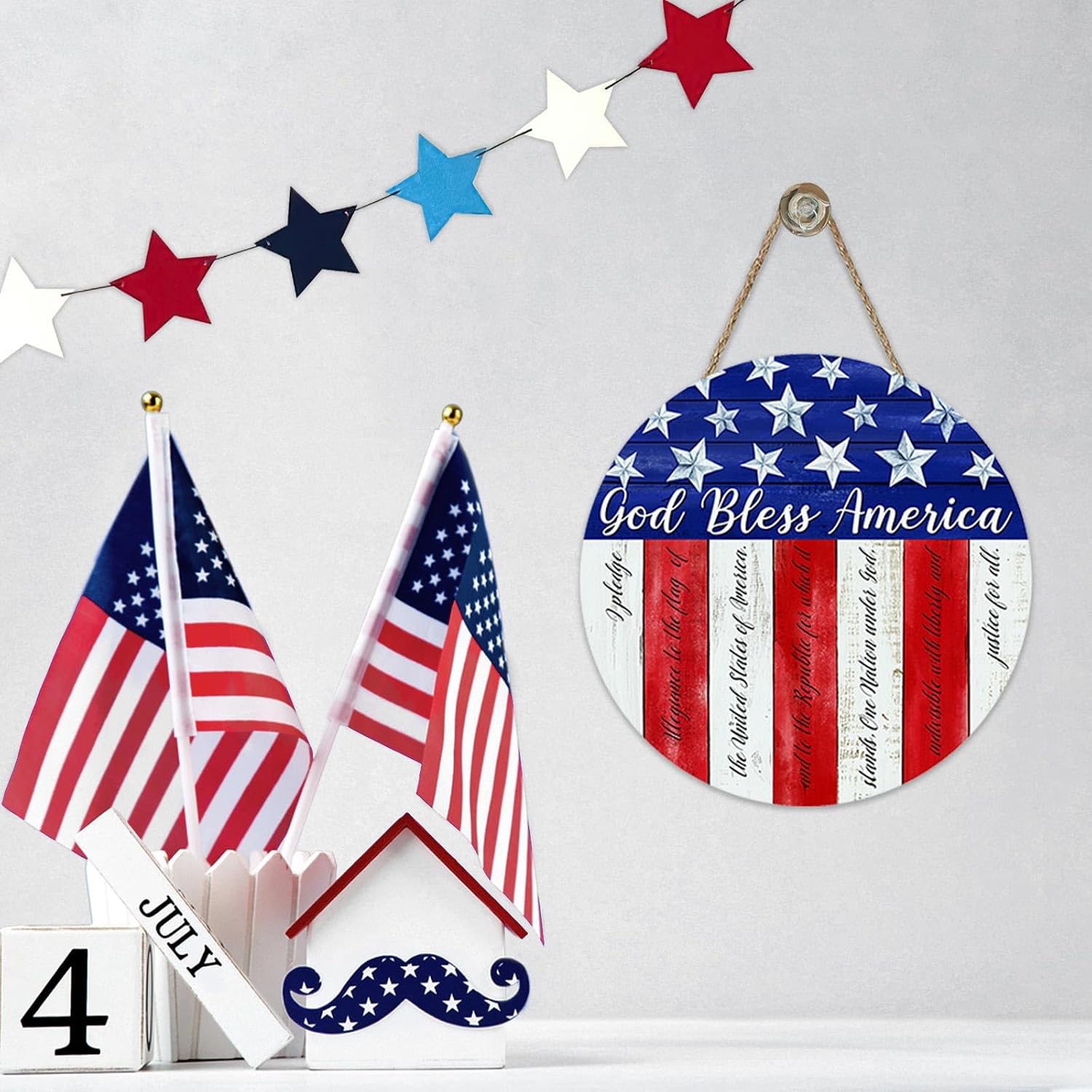 4th of July Patriotic Christian Front Door Sign, Religious God Bless America Stars Stripes Wood Plaque Hanger Outdoor Home Decor, American USA Farmhouse Wooden Wreath Wall Hanging Decoration