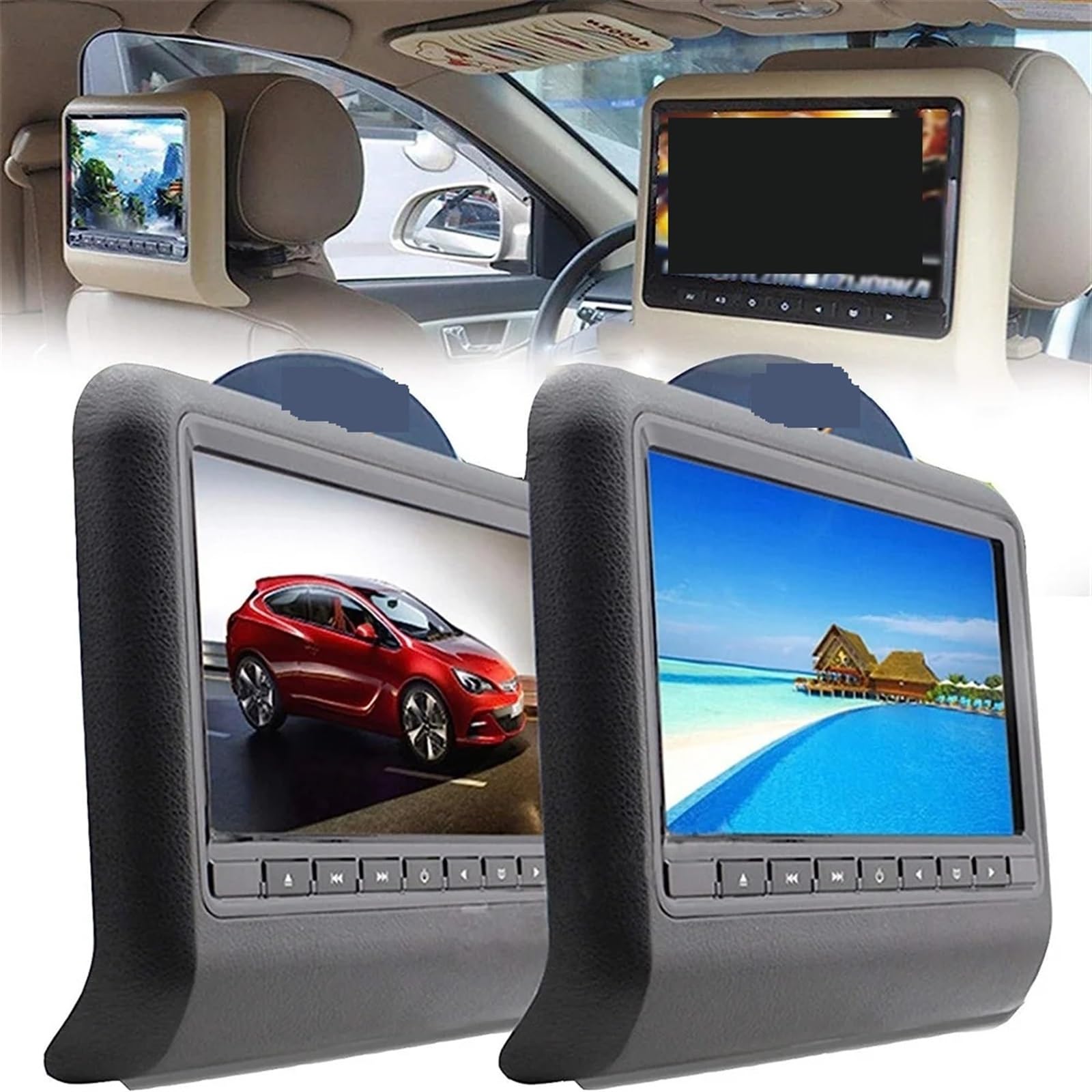 Écran LCD De 9 Pouces for Appui-tête De Siège De Voiture, Lecteur Multimédia Mp3/mp4, Transmetteur FM, Télécommande, Lecteur DVD, Moniteur(AV*1+DVD*1 Brown)