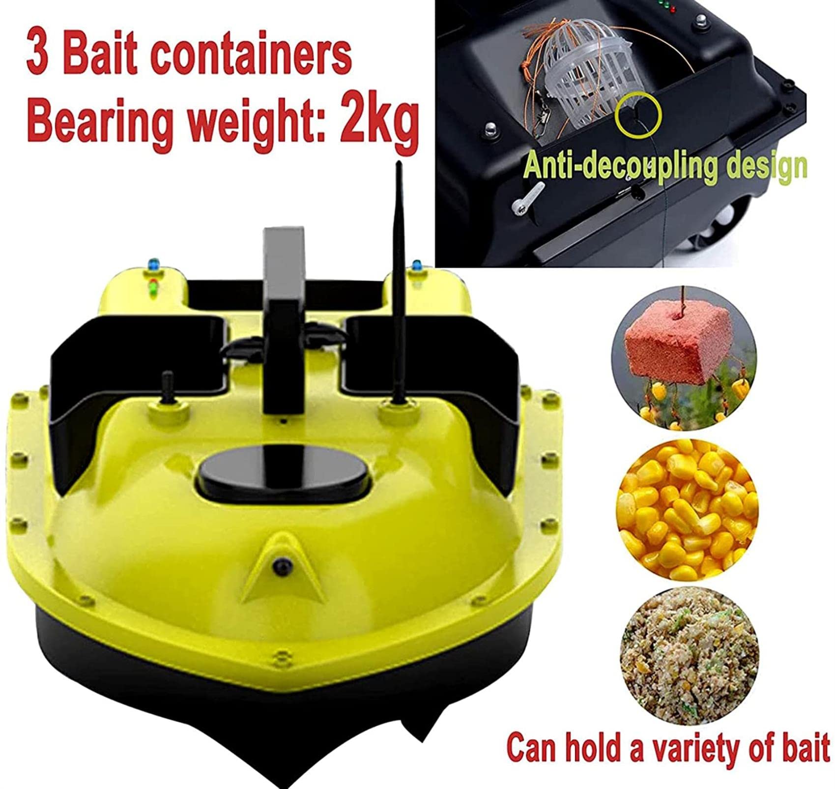 Barco Cebador Carpfishing, Barco de Cebo de Pesca Teledirigidos con Crucero Automático y Luz Nocturna LED, 3 Contenedores de Cebo, Batería 5200 / 9600mAh Opcional