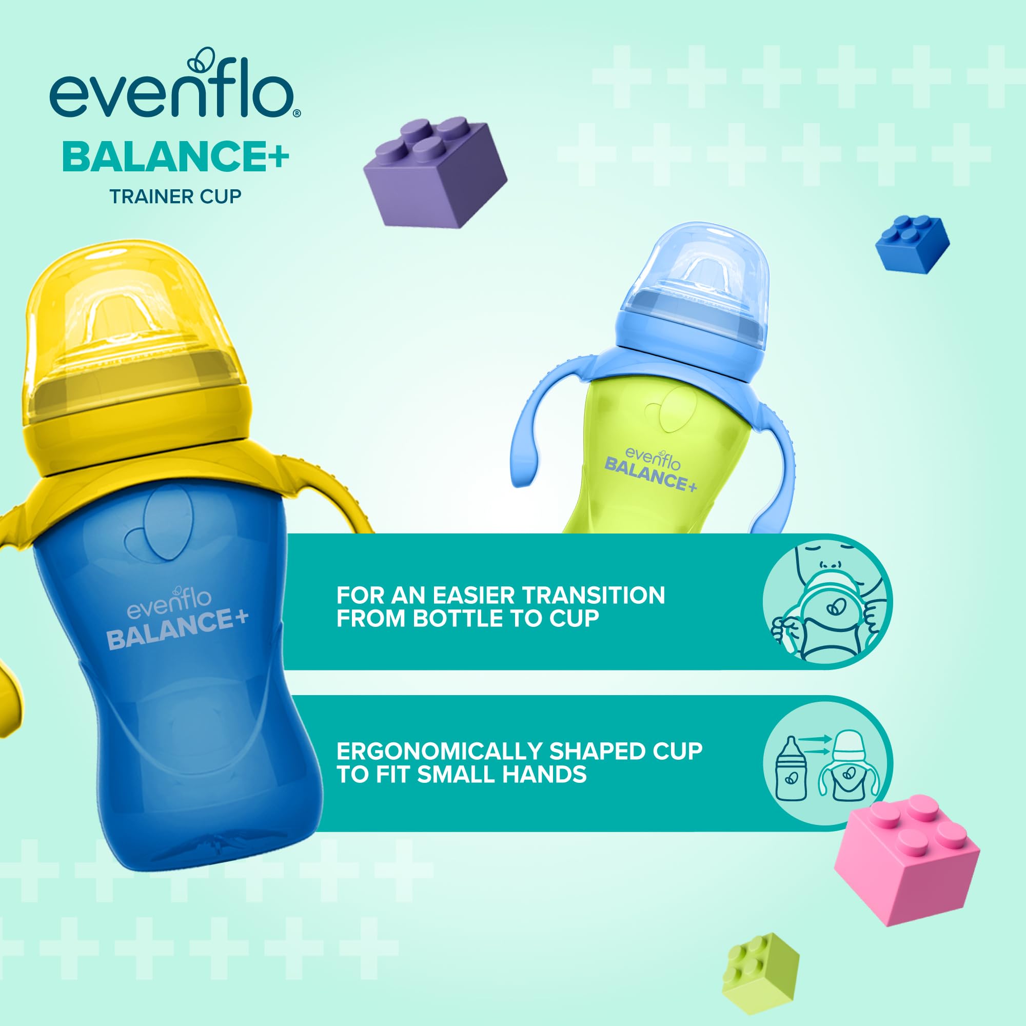 Amazon.com : Evenflo Balance+ Trainer Cups for Babies 6+ Months, Blue and  Green, 9oz, 2 Pack, Ergonomic Design with Ultra Soft Spout : Baby