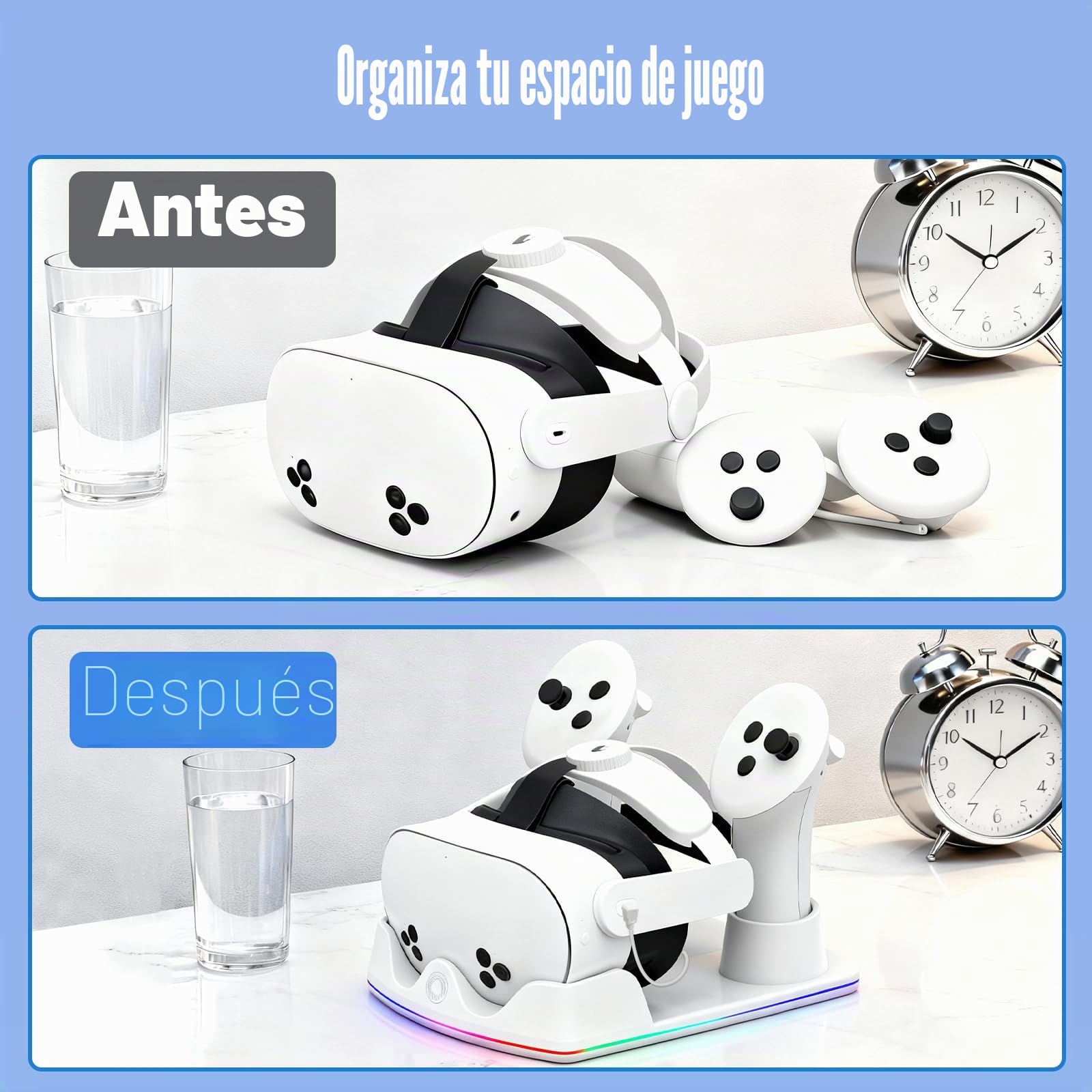 Estación de Carga Compatible Meta Quest 2/3/3S, Base de Carga Rápida para Quest 3 con Iluminación RGB, Cargador para Consola VR, Accesorios VR