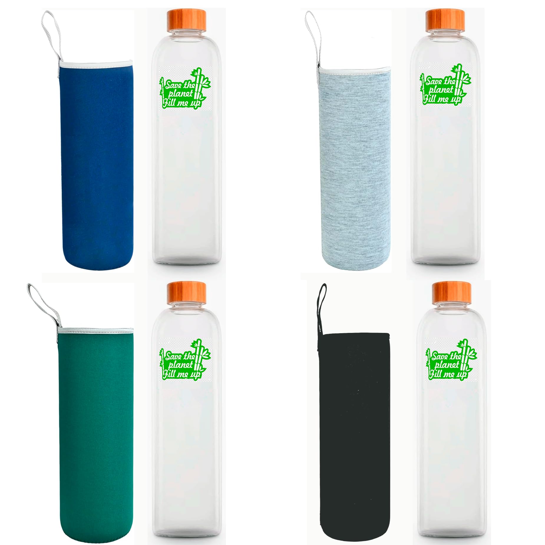 Botella de Agua Cristal con Tapón de Bambú Botella Vidrio Borosilicato Ecológica Reciclable Reutilizable Libre de Tóxicos sin BPA (4 x Botella con lema + Funda colores, 1500 ml)