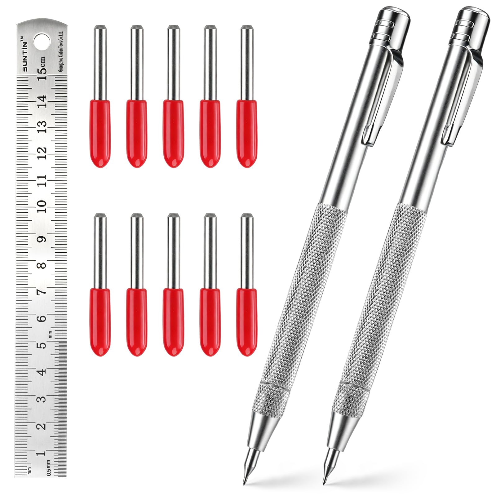 Puntina 2 Pezzi Punta In Carburo Di Tungsteno Con 10 Punte Di Marcatura Di Ricambio, Righello In Acciaio Da 15 Cm E Coda Magnetica Per Marcatura Metallo E Vetro