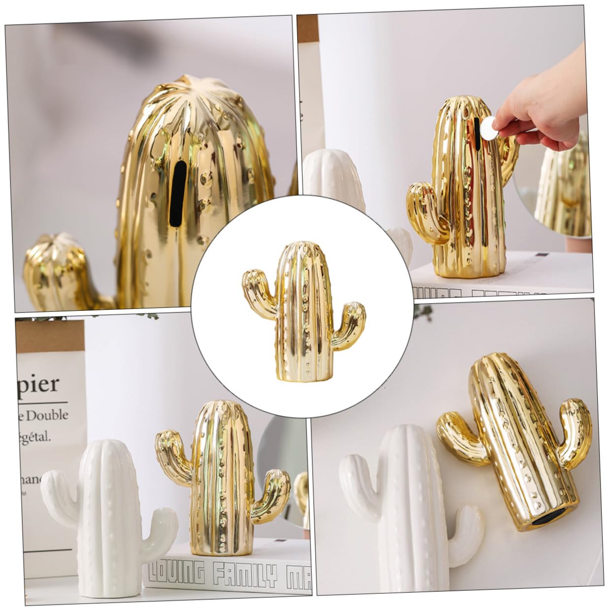 Supvox Nordischer Spardose Kaktus aus Goldener Keramik Einfache Münzaufbewahrung für Wohnzimmer und Schlafzimmer Kreative Dekoration und Praktisches Geschenk