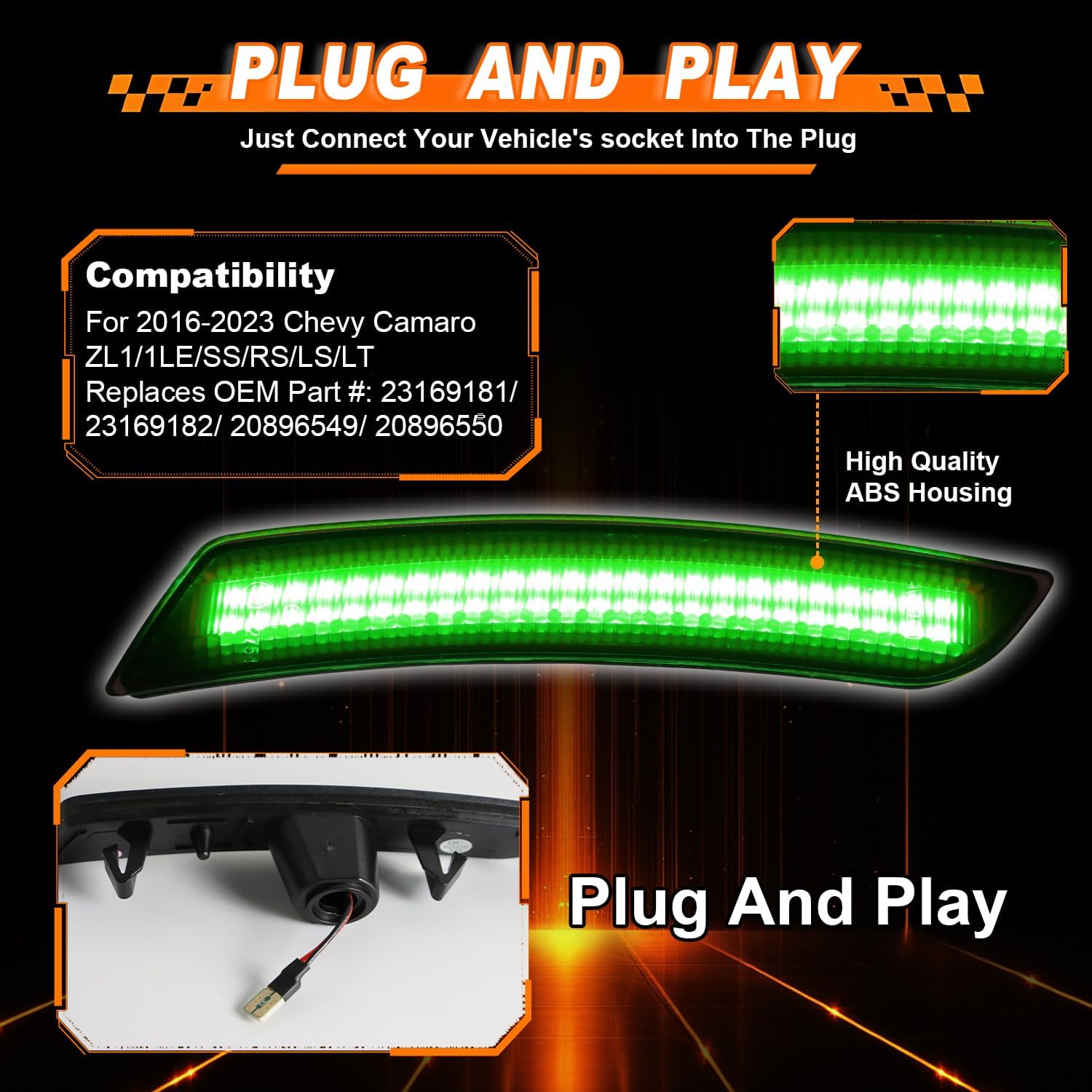 Smoked Lens LED Side Marker Lights 4PCS KIT for Chevy Camaro 2016-2023 6th Gen Camaro-Replace Part # 23169181/23169182,Sequential Front & Rear Bumper Side Marker Lamps Assembly (Green Light)