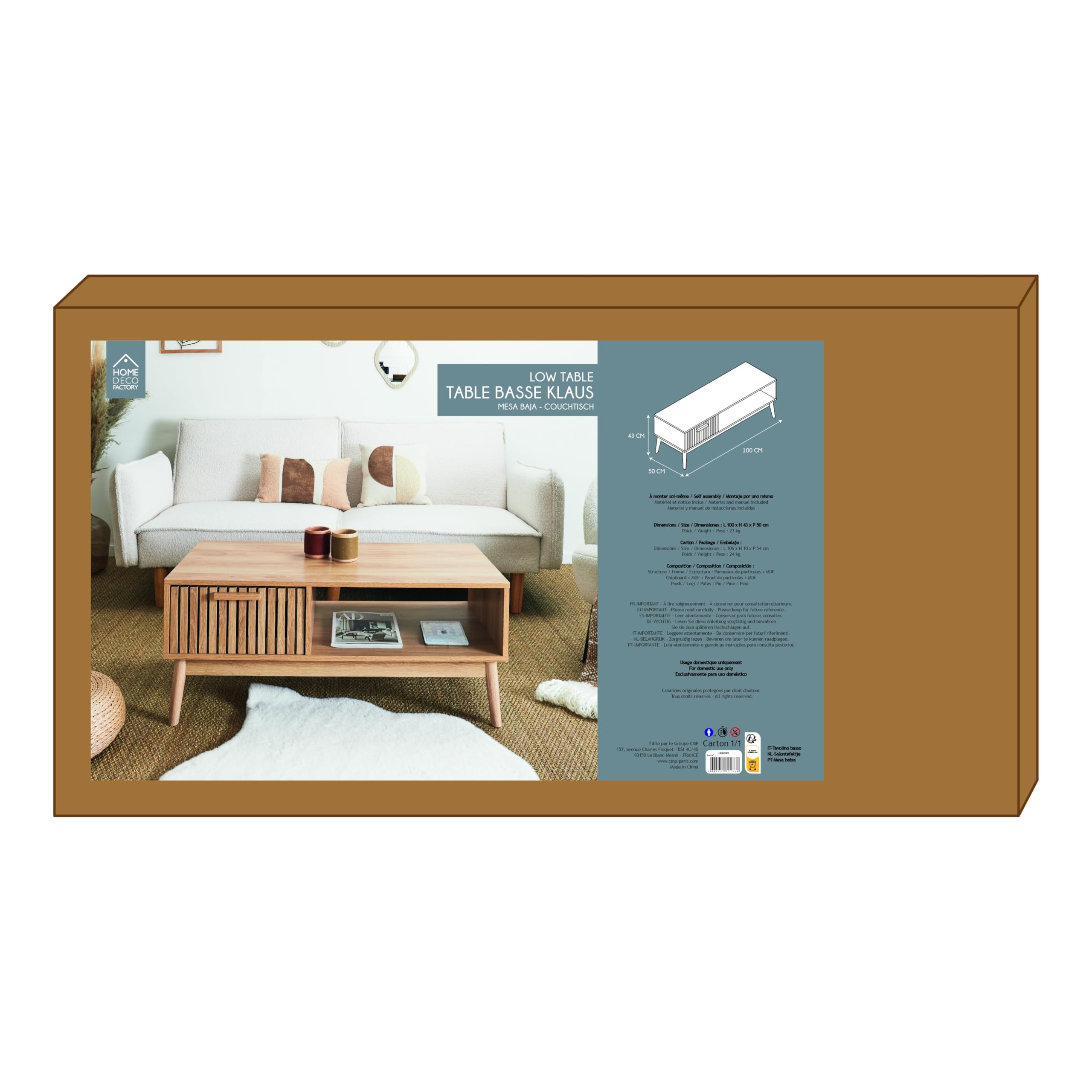 HOME DECO FACTORY - HD0089 Mesa de Centro de Madera con Cajón y Compartimento de Almacenamiento - Diseñada para Salón o Comedor - Diseño Moderno - Dimensiones 100x43x50 cm - Color Marrón
