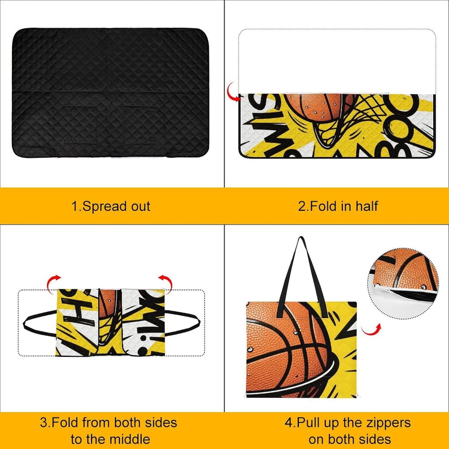 Basketball Picnic Blanket 150x100cm, Foldable 2-in-1 Picnic Mat and Tote Bag Portable Waterproof Beach Mat Sandproof Outdoor Blanket for Park, Hiking, Beach, Camping, Travel