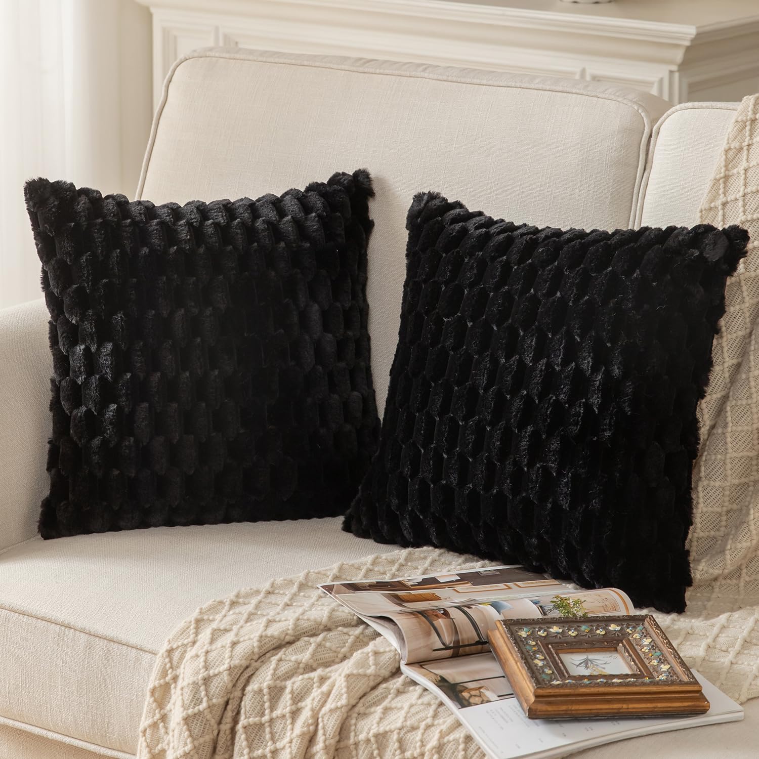 Mandioo Pack of 2 Black Super Soft Plush Decorative Cushion Covers 26x26 inch 65x65 cm Wool Velvet Throw Pillow Covers cases Faux Fur fluffy Couch Sofa Bed Livingroom - Image 2