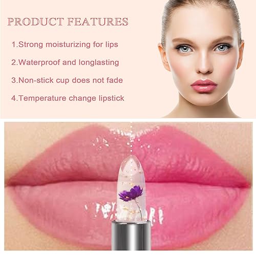 Miniatura 3 de Rosarden Juego de lápices labiales que cambian de color, 6 lápices labiales de gelatina de flores, juego de brillo labial que cambia de color, juego