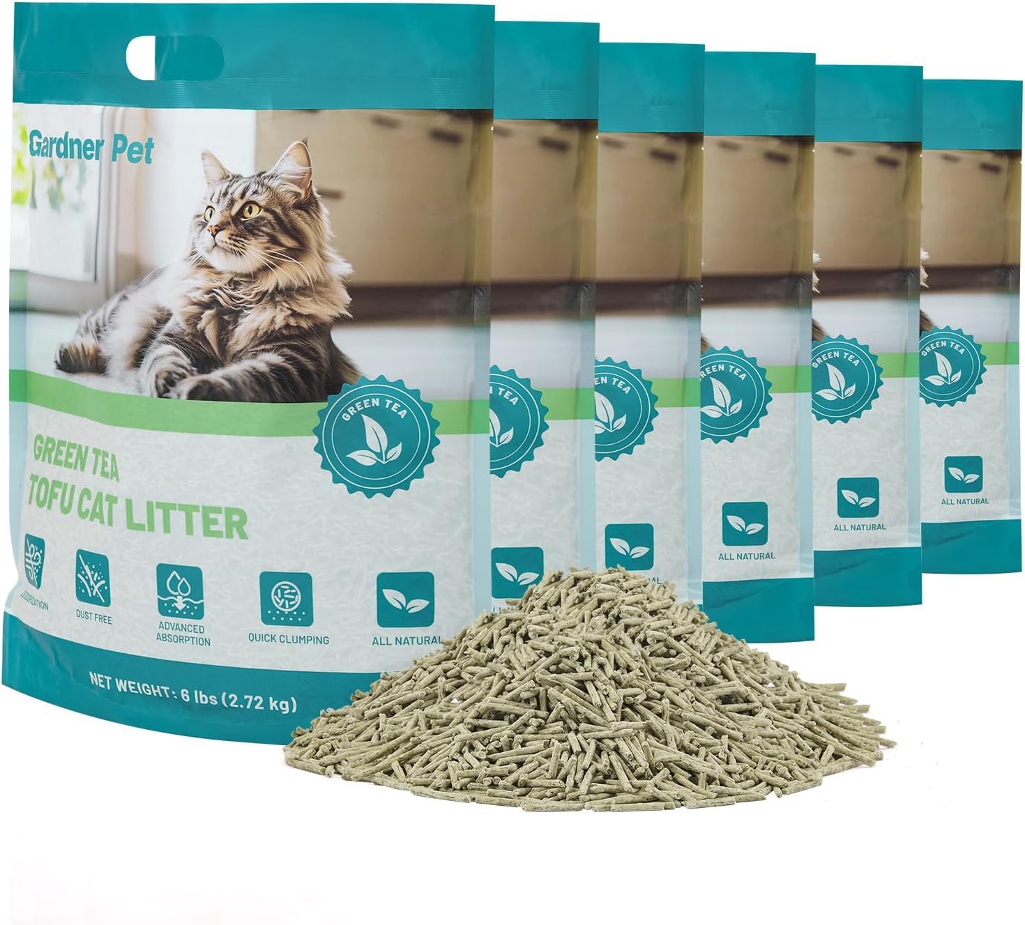 Gardner Pet Tofu Cat Litter Clumping, Green Tea Odor Control Extract, Dust-free and Easy Clumping, Flushable to Toliet, Suitable for Multi-Cat Homes, 2.7kg x 6 Pack