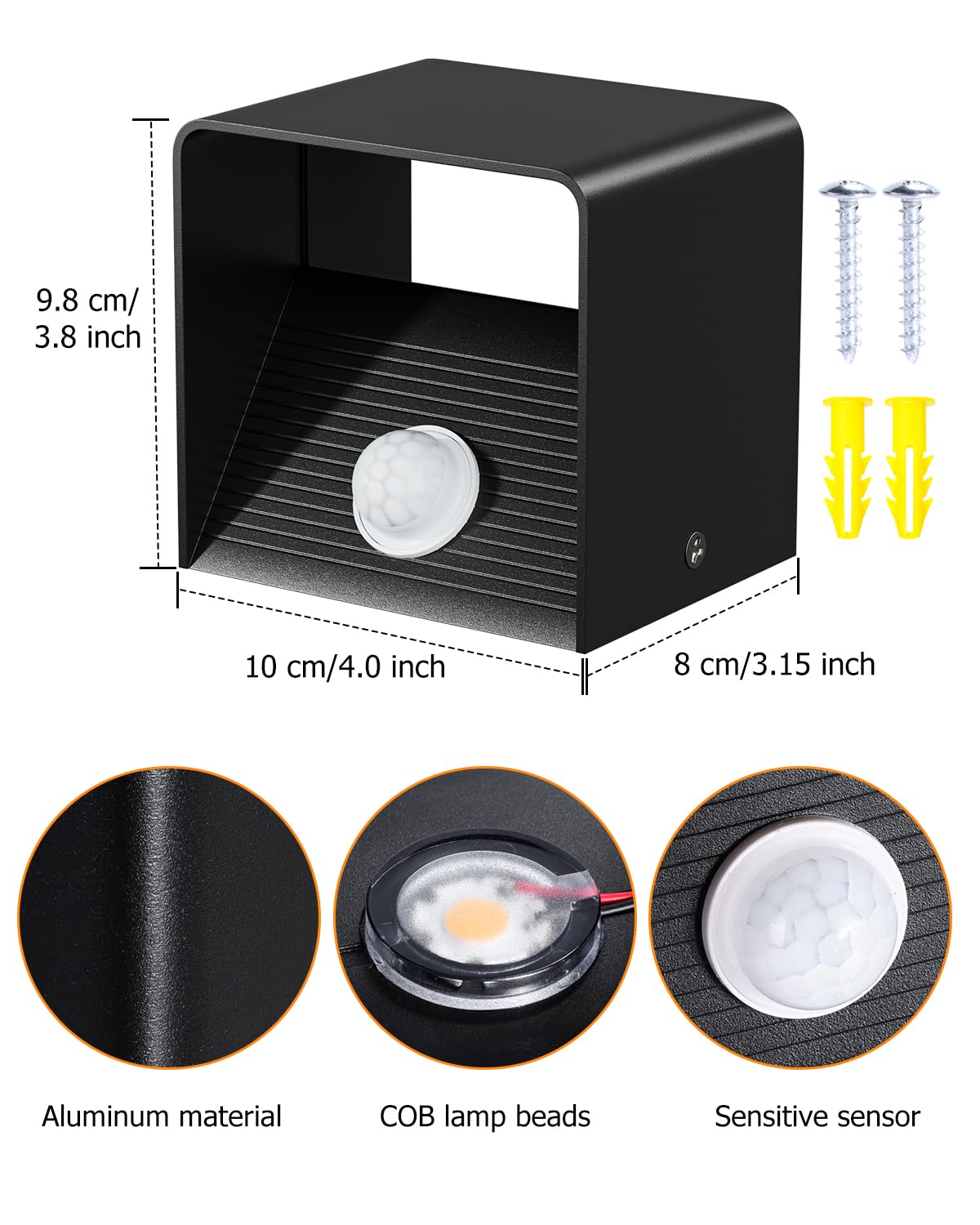Kinamy Wandleuchte mit Bewegungsmelder Innen, LED Wandlampe Up Down, Wandbeleuchtung Moderne Schwarz, Wandleuchten für Flur, Treppen, Küche, Wohnzimmer, Schlafzimmer, 2 Stück (Packung mit 2)