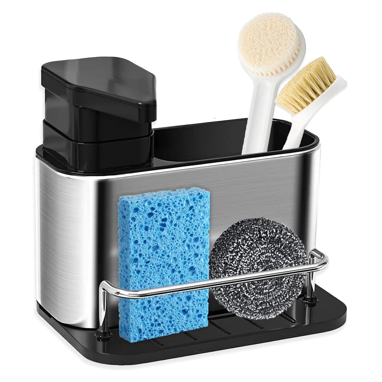 Feinerman Multifunctional 3-in-1 Kitchen Sink Caddy Organizer with Soap Dispenser, Sponge and Brush Holder, Rustproof Stainless Steel Tray Rack for Countertop Storage and Dishwashing Essentials