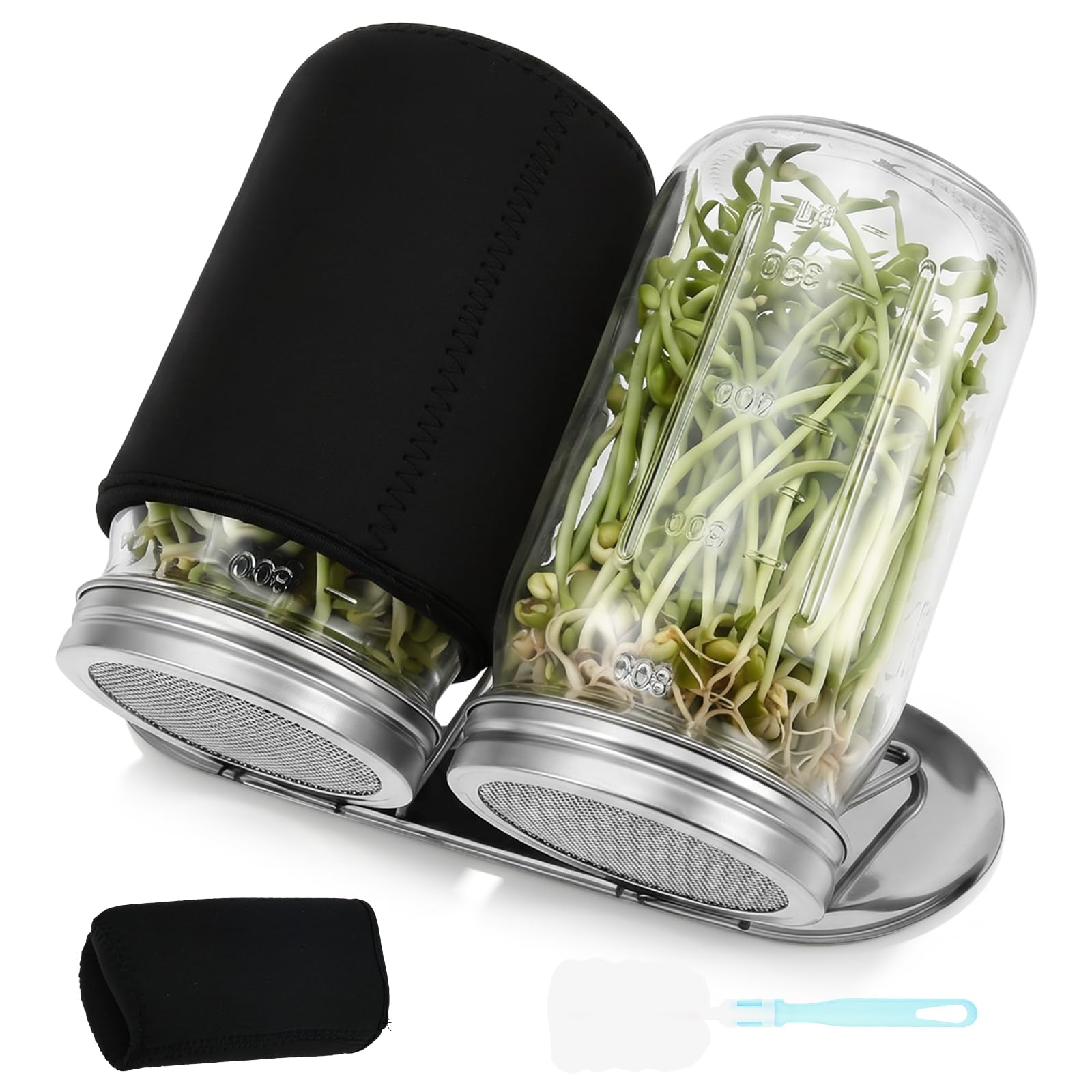 JETHMA Complete Seed Sprouting Jar Kit, 800ml Wide Mouth Glass Mason Jars with Stainless Steel Mesh Lids, Angled Drip Stand & Blackout Sleeves, Microgreens Sprouter Set for Broccoli & Alfalfa Seeds