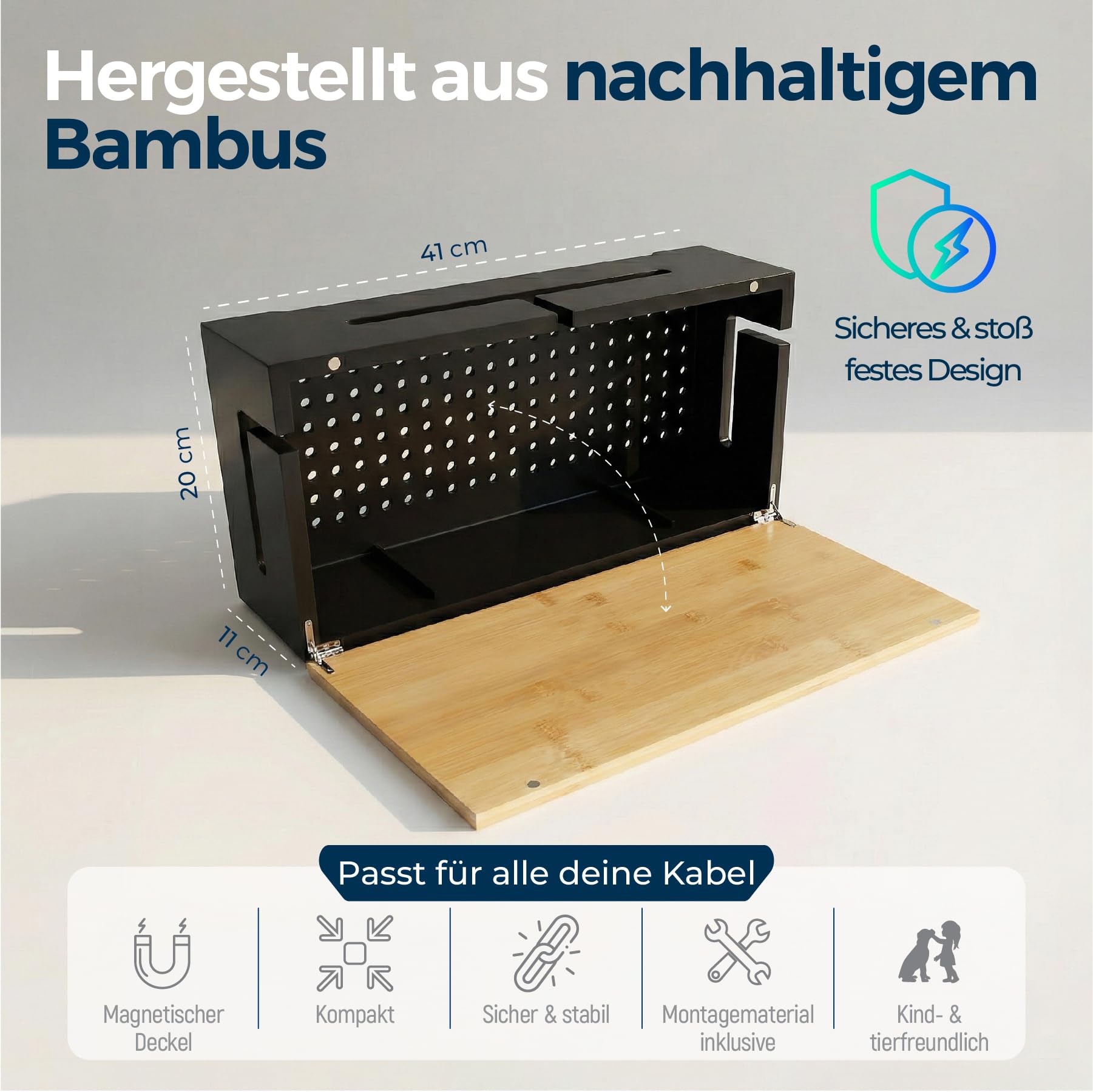 Kabelmanagement Box aus Bambus 41×20×11 cm – Magnetischer Deckel – Kabel Organizer für Schreibtisch & TV – Kabelbox zur Kabelaufbewahrung – inkl. Montagematerial für Wandbefestigung (Schwarz L)