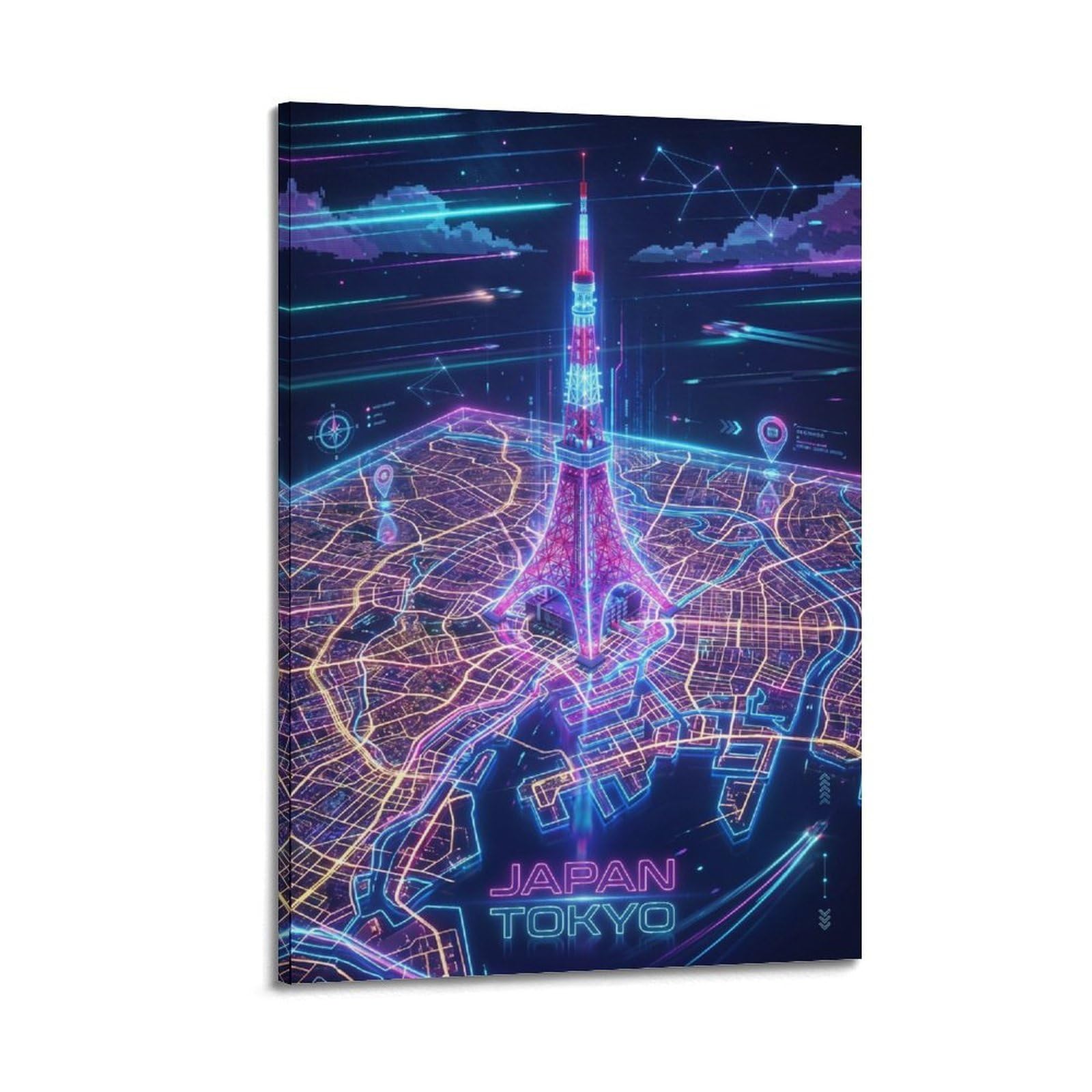 Okngb Frame-Style Vintage Japan Tokyo 80S Neon Map Gamer Room Poster Decorative Painting Canvas Art Picture 24X36inch(60X90cm)