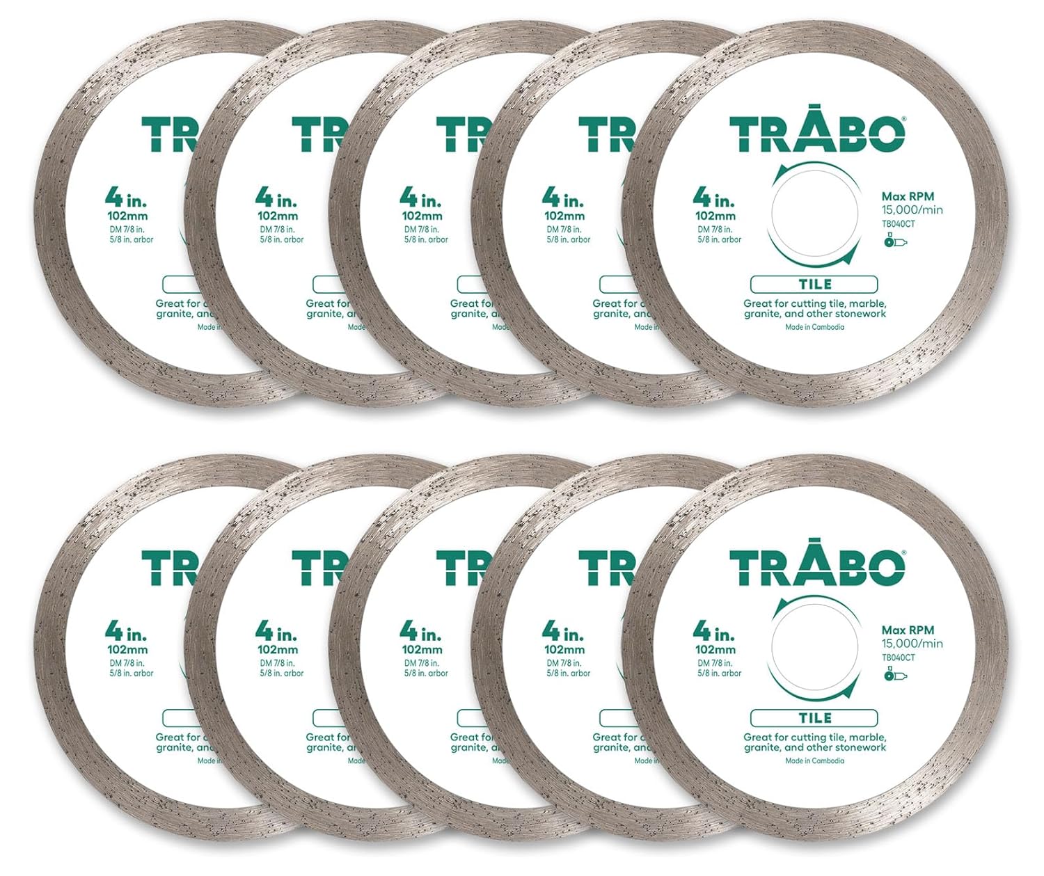 Trabo 12 Inch Tile Continuous Rim Diamond Diamond Metal Bond for Cutting Granite, Ceramic, Porcelain, Quartz, and More with 1 Inch Arbor