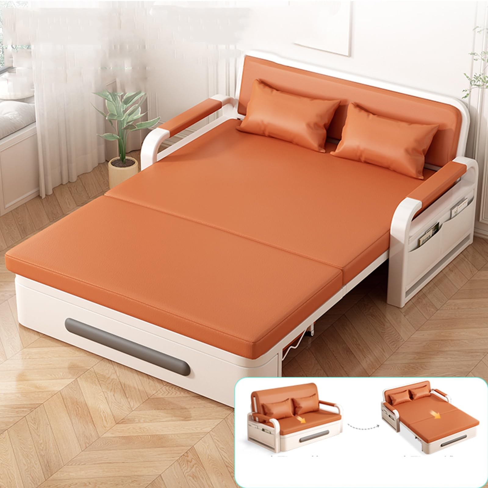 Klappsofa mit Schlaffunktion Leder Gästebett mit Stauraum Rahmen Aus Karbonstahl Wohnzimmer Sofa mit Rollen 7 cm Dicker Schaumstoff für Zuhause, Büro(Orange,192 * 82 * 65cm)