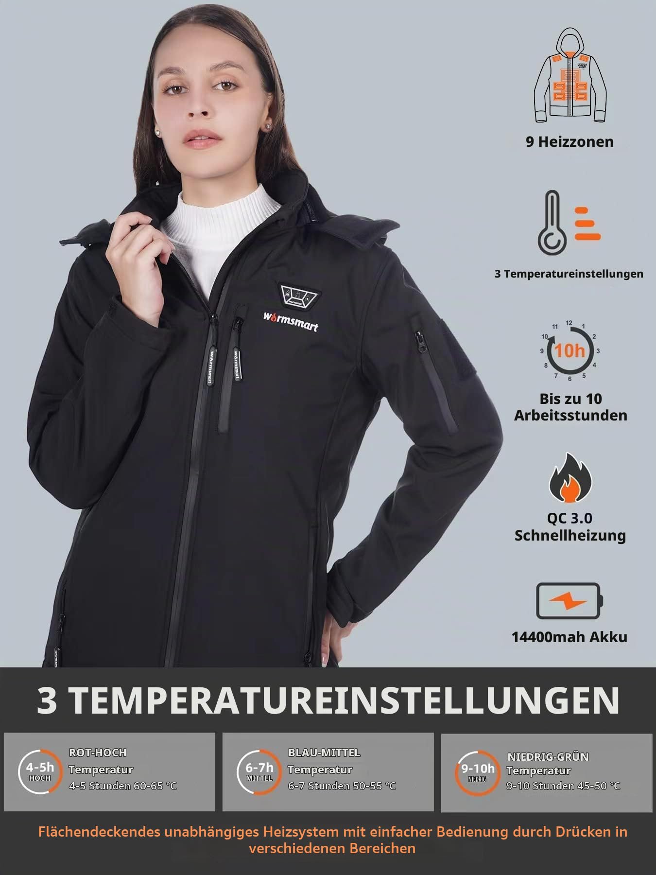 Beheizbare Jacke Damen, Wasserdicht Winddicht warm Beheizbarer Hoodie mit 15000MAH Akku, Beheizte Jacken für Outdoor Wandern Jagd Motorrad