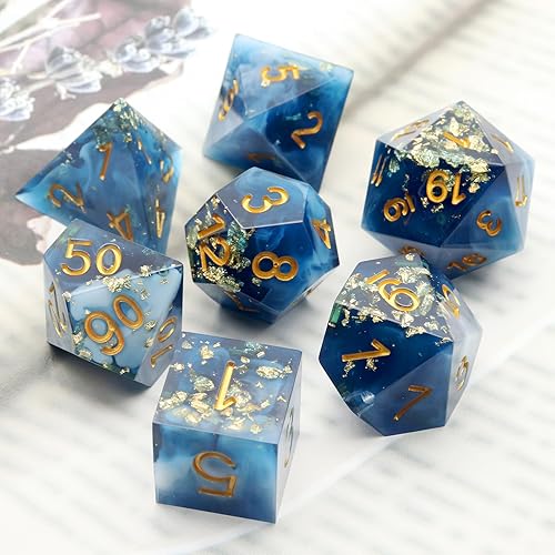 Miniatura 10 de PJOY DND Juego de dados de borde afilado, 7 piezas de dados DND de resina negra y amarilla, dados poliédricos D&D de resina con estuche de dados