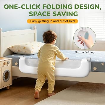 Bed Guard Rail for Toddlers - 47 Adjustable Heights & Folding up Portable Bed Railing for Baby - Toddler Bed Rails Guard for Crib, Twin, Bunk,Full Size, Queen & King Bed (White)