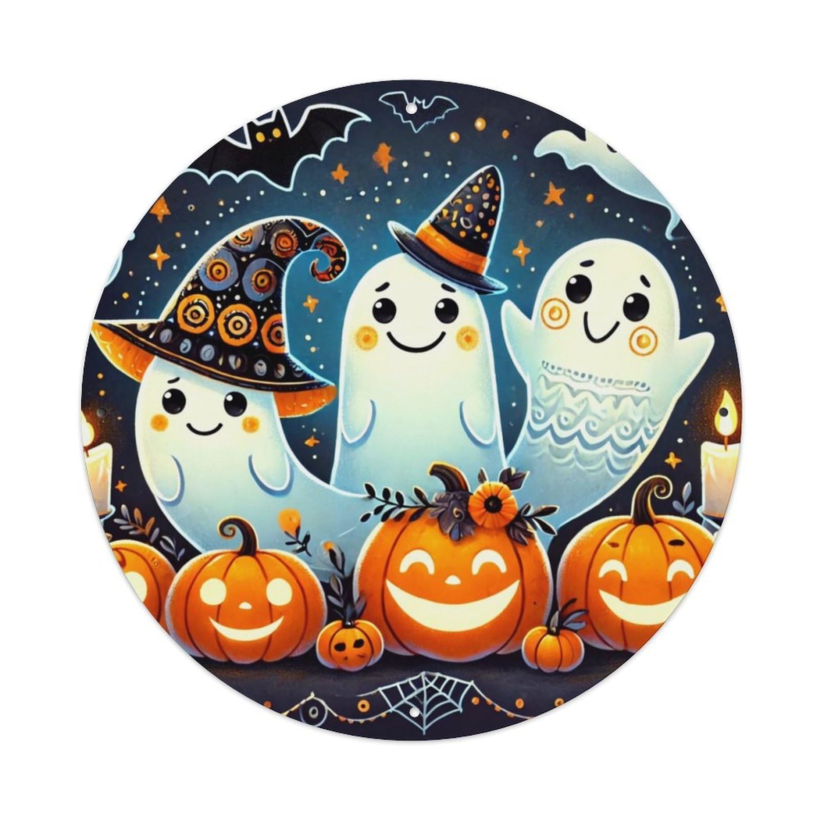 Cute Ghosts And Pumpkins Pattern Vintage Metal Tin Sign Retro Wall Decor for Home Bar Garage Cafe, Indoor & Outdoor Decorative，circle Metal Poster, 8x8 Inch