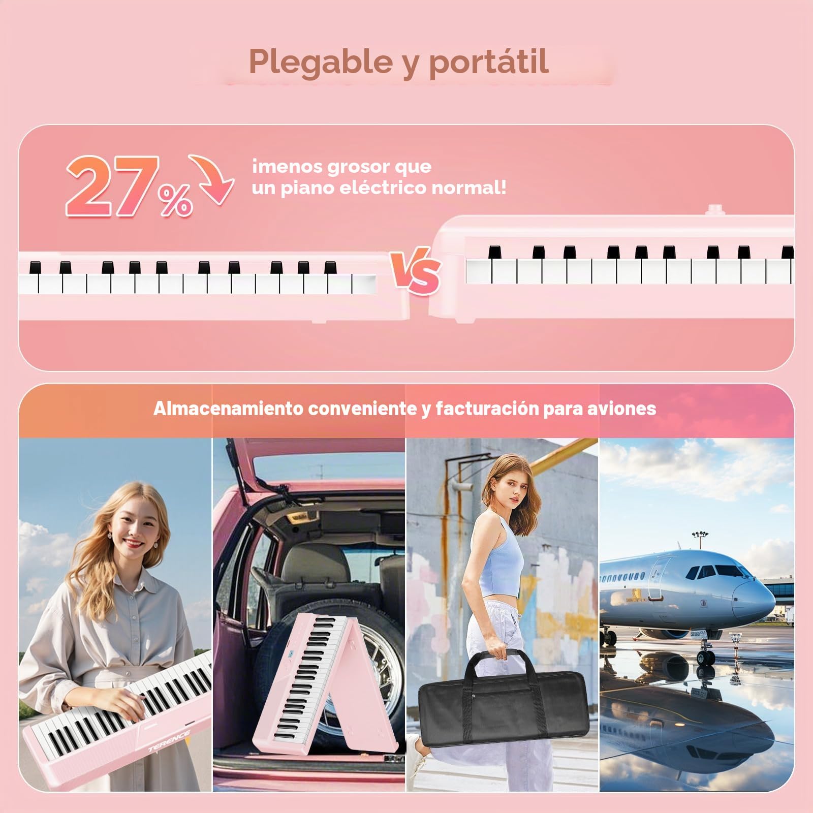 TERENCE Piano Electrico 88 Teclas Teclado Dinámico Pesado 2 Altavoces de 15W Panel Táctil Sensible Función de Grabación de Video y Audio Integrada Soporte para Auriculares y Altavoces Externos Rosa
