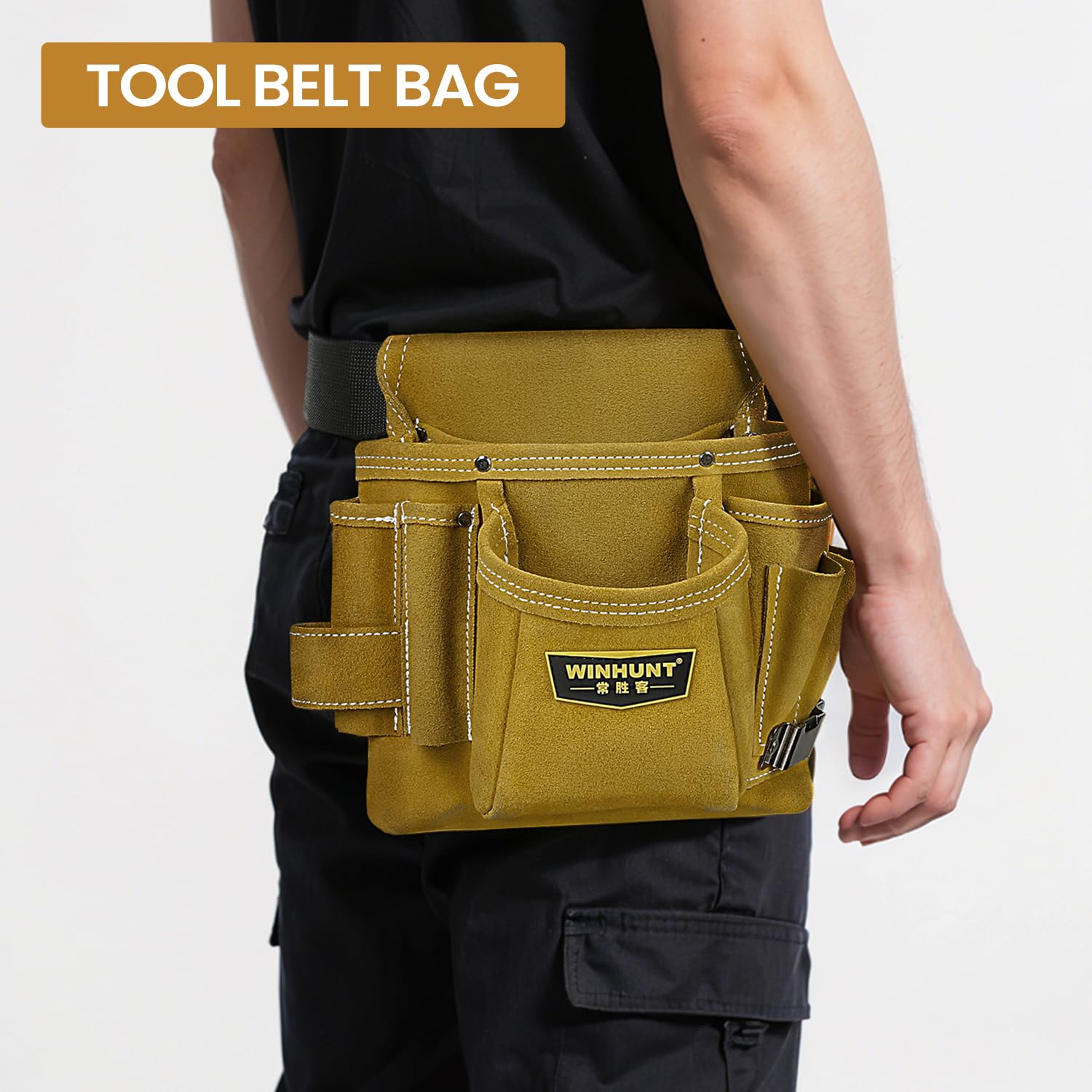 WINHUNT Pochette à outils en cuir avec ceinture réglable, 10 poches, pochettes de rangement pour outils avec porte-marteau pour charpentier, 24 x 22 x 8 cm, marron clair