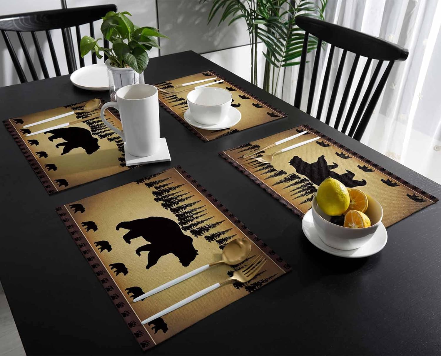 Seven Roses 12 x 18 Inches Set of 4 Cotton and Linen Place mat, Black Bear Forest Silhouettes Stain Resistant Non-Slip Table Mats for Kitchen Vintage Farm Backdrop