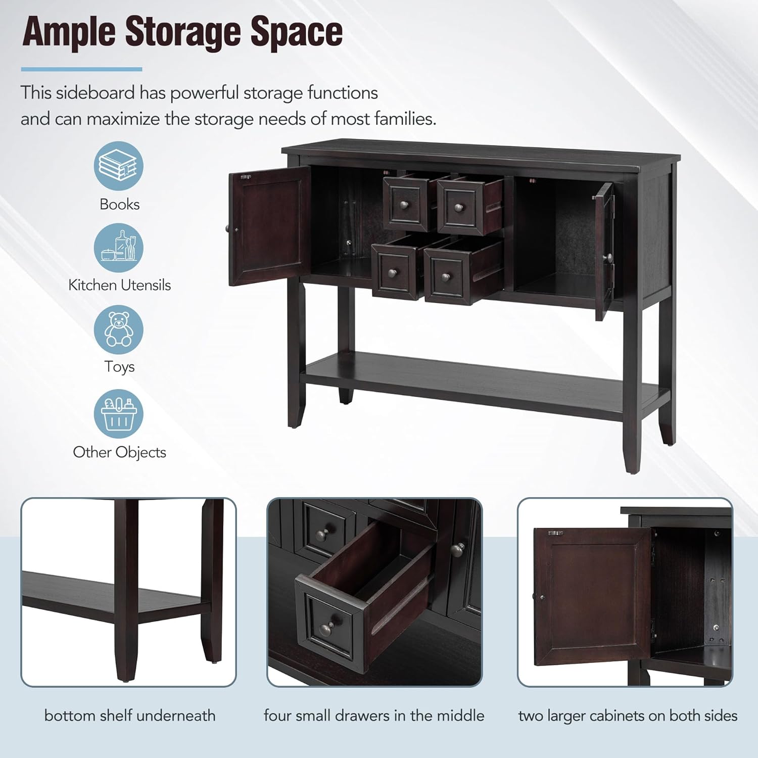 P PURLOVE Console Table Buffet Sideboard Sofa Table with Storage Drawers Cabinets and Bottom Shelf (Espresso)