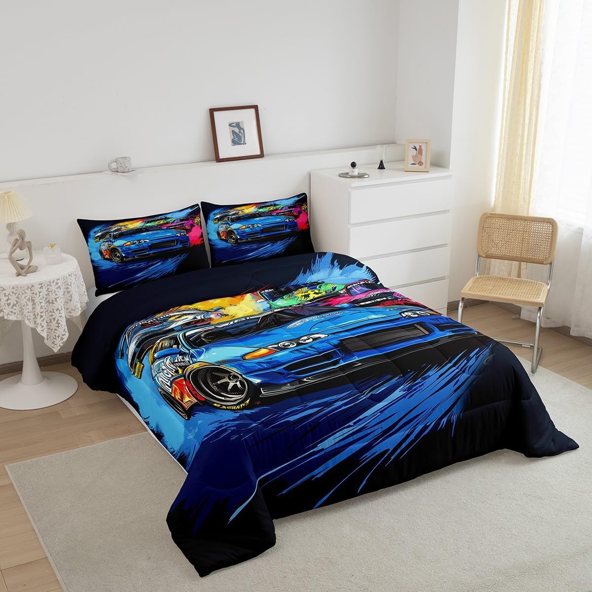Cartoon Car Toddler Bedding Sets 2 Pcs,Colorful Street Art Graffiti Decor Racing Cars Comforter Set for Kids Boys Teens Men,Game Competition Style Modern Quilted Comforter with 1 Pillowcase