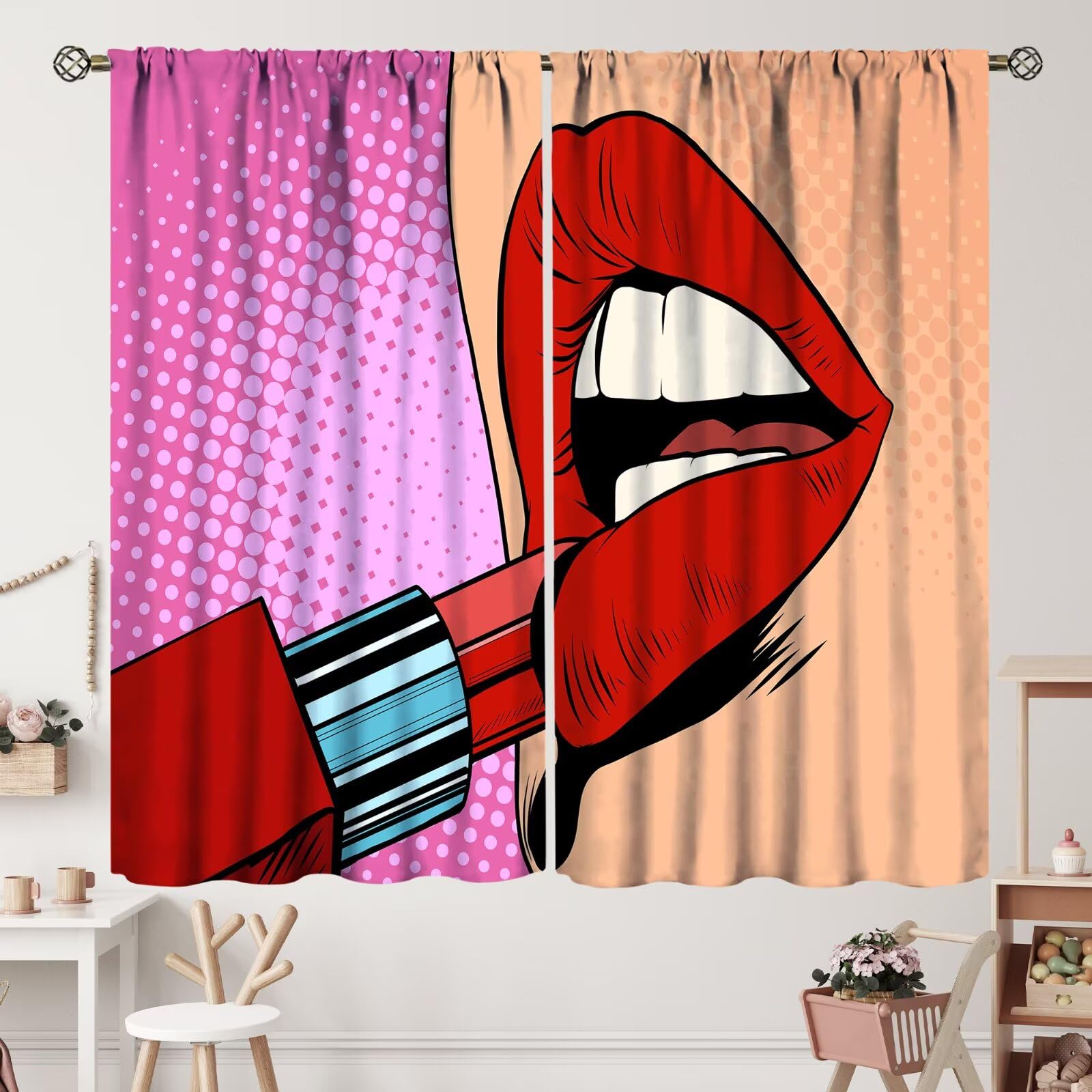 Lips Curtains, Retro Comic Pop Art Girl Applying Red Lipstick Makeup Concept Halftone Background Blackout Rod Pocket Curtains for Bedroom Living Room
