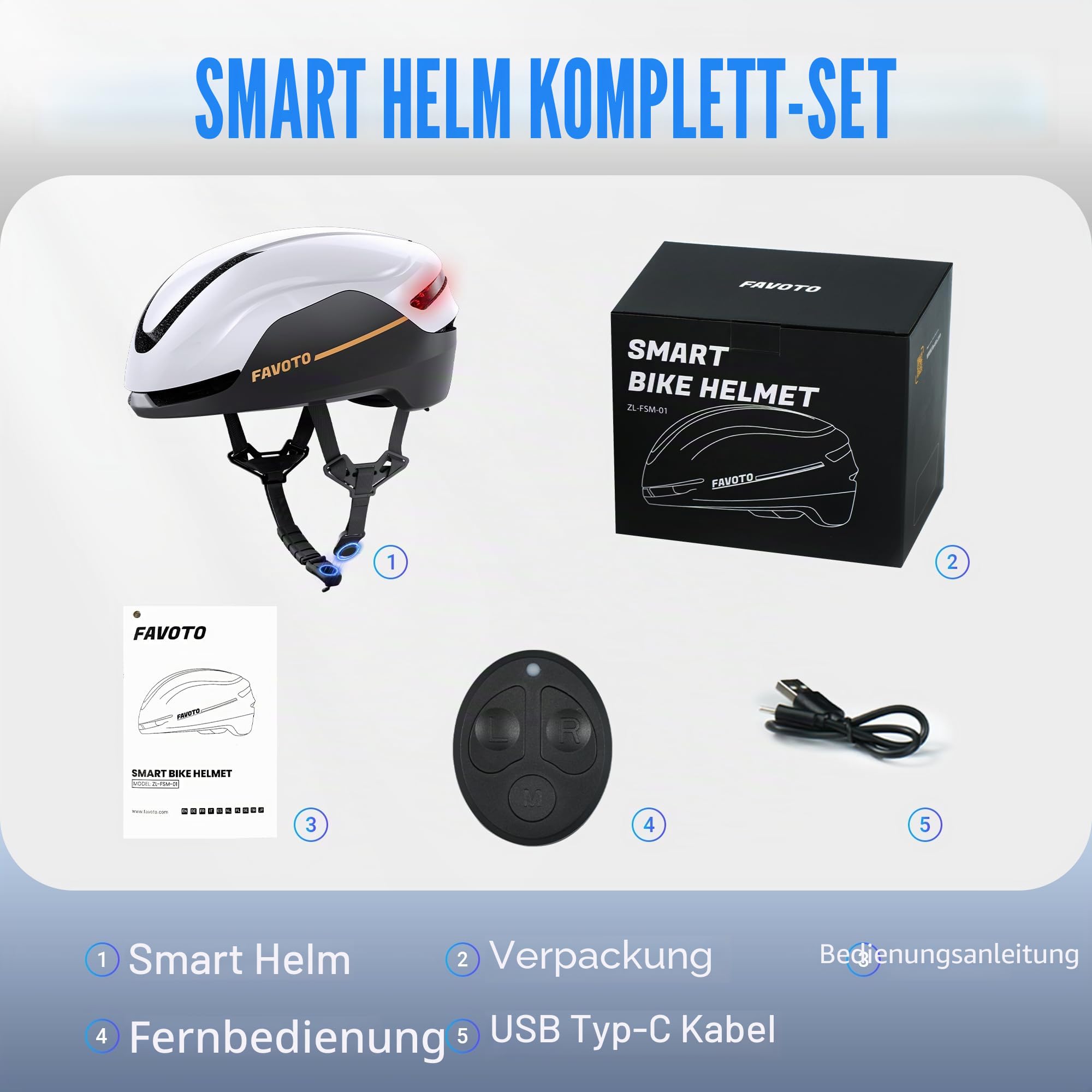 Favoto Smart Fahrradhelm mit Lichtern und Blinkern, CE-zertifizierter Fahrradhelm für Erwachsene mit Fernbedienung, 3 Rotlichtmodi: atmen, blinken, stetig